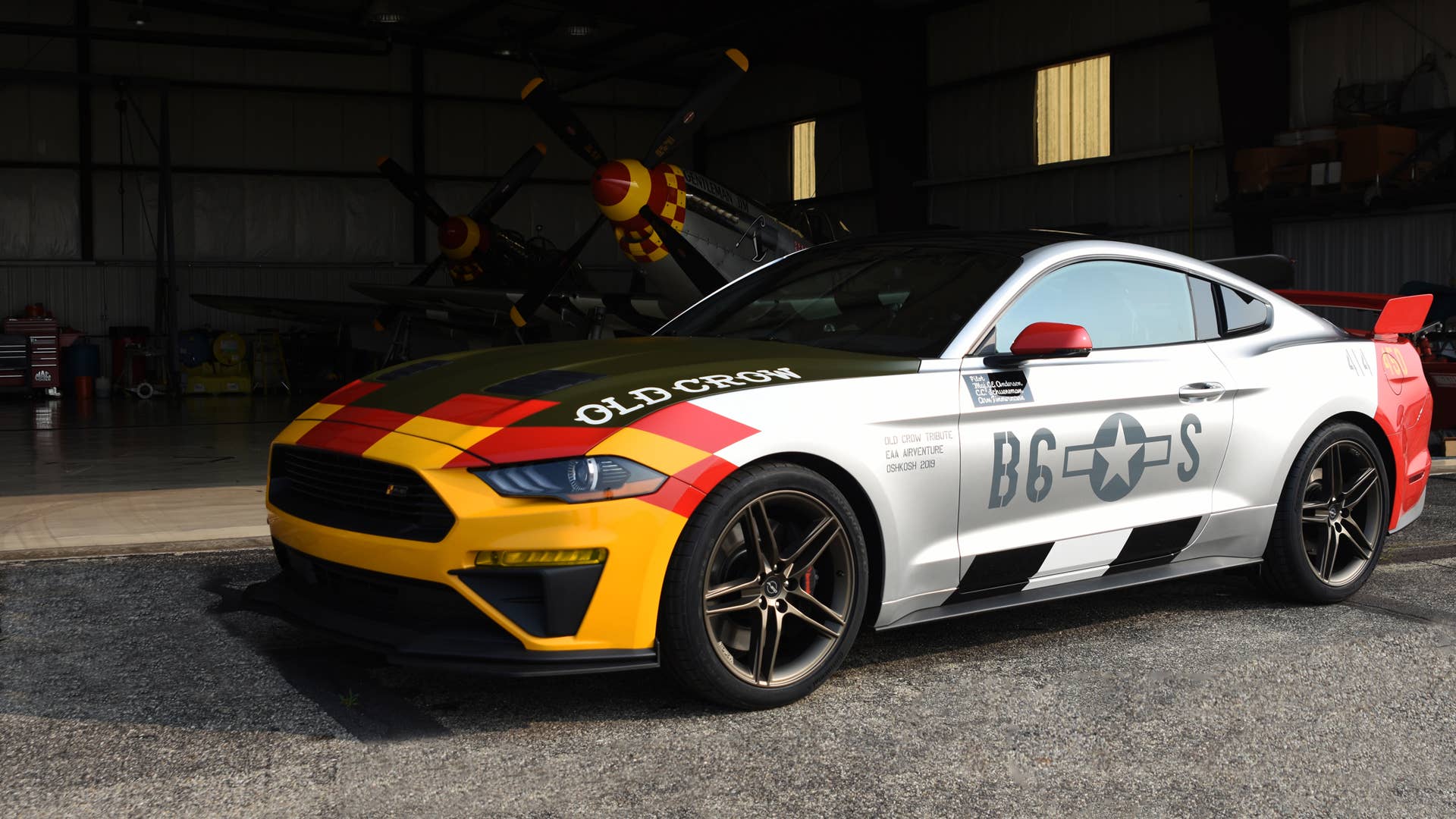 Ford and Roush Performance unveil a custom Mustang GT, inspired by U.S. Army Air Force Col. Bud Anderson, a World War II triple ace pilot, and the P-51 Mustang fighter planes he flew in combat nicknamed “Old Crow”