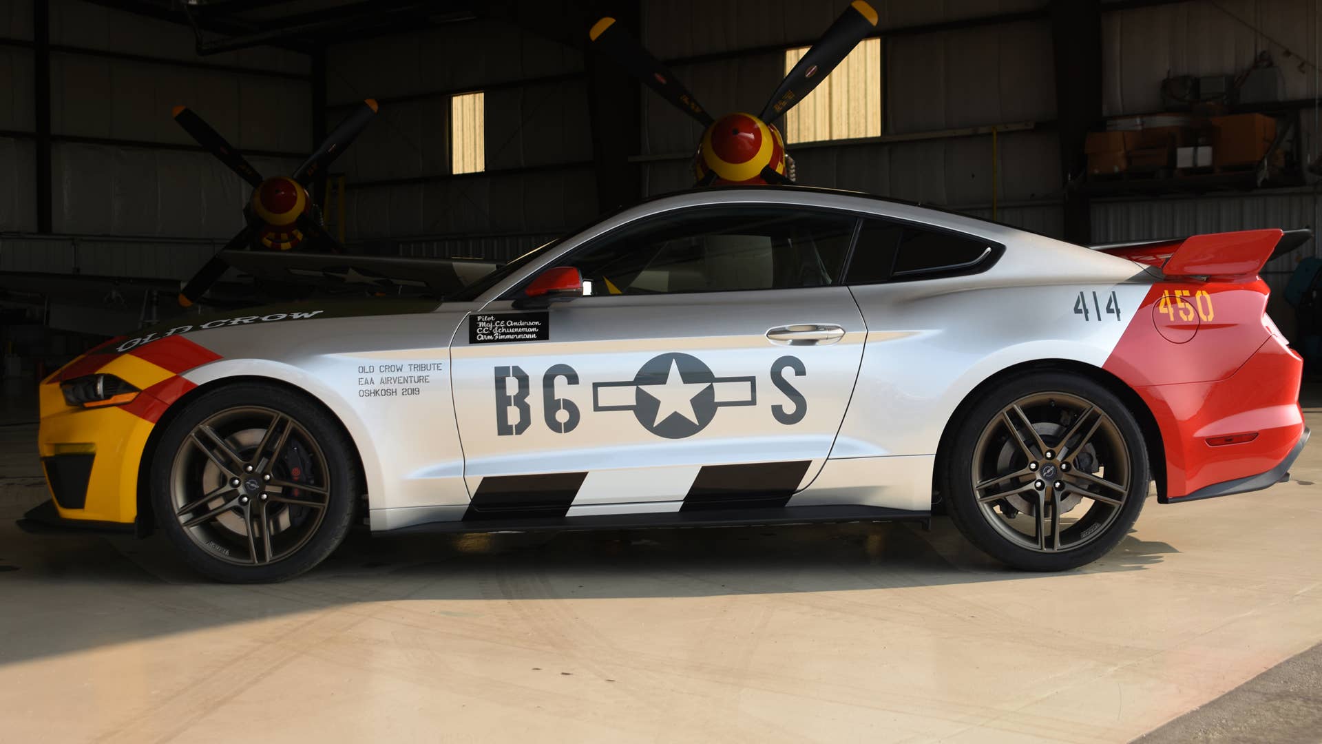 Ford and Roush Performance unveil a custom Mustang GT, inspired by U.S. Army Air Force Col. Bud Anderson, a World War II triple ace pilot, and the P-51 Mustang fighter planes he flew in combat nicknamed “Old Crow”