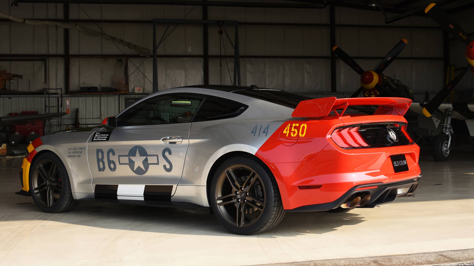 Ford and Roush Performance unveil a custom Mustang GT, inspired by U.S. Army Air Force Col. Bud Anderson, a World War II triple ace pilot, and the P-51 Mustang fighter planes he flew in combat nicknamed “Old Crow”