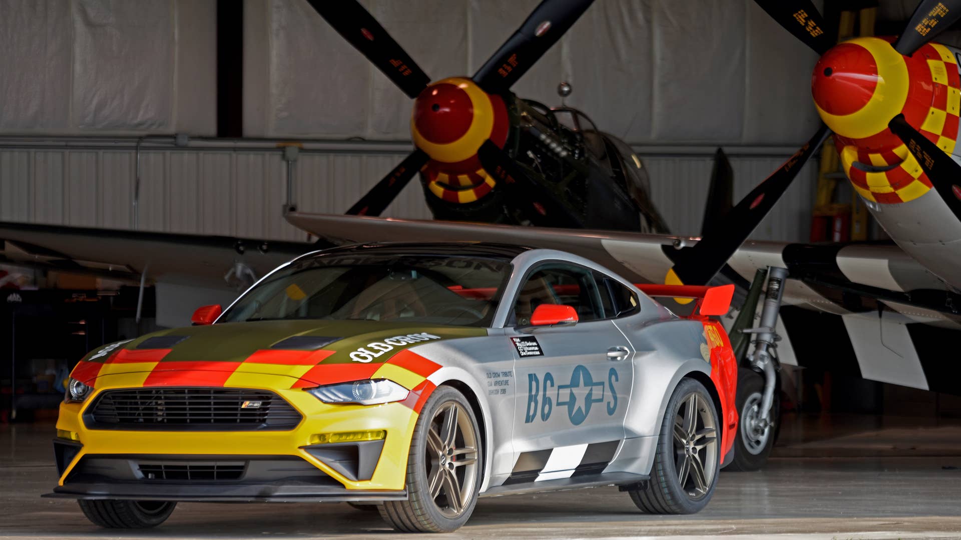 Ford and Roush Performance unveil a custom Mustang GT, inspired by U.S. Army Air Force Col. Bud Anderson, a World War II triple ace pilot, and the P-51 Mustang fighter planes he flew in combat nicknamed “Old Crow”