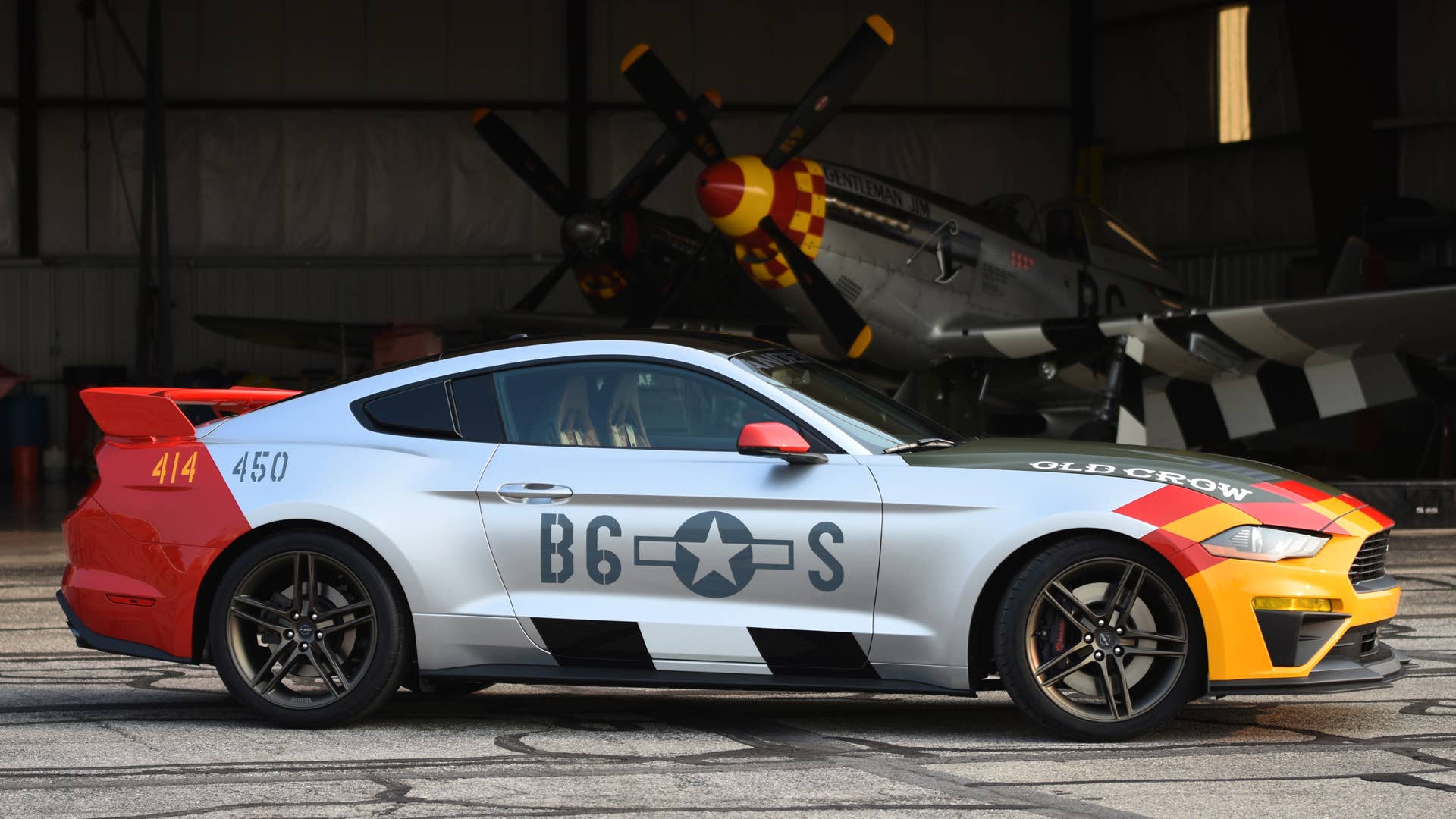 Ford and Roush Performance unveil a custom Mustang GT, inspired by U.S. Army Air Force Col. Bud Anderson, a World War II triple ace pilot, and the P-51 Mustang fighter planes he flew in combat nicknamed “Old Crow”