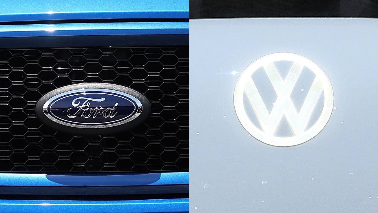 Ford F-150 and VW I.D. Buzz logos side by side