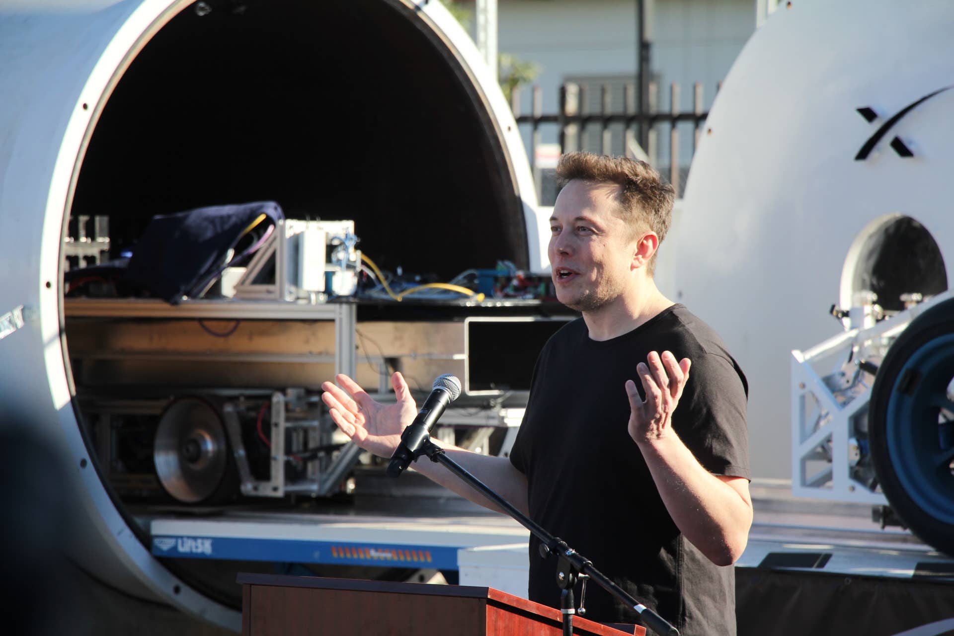 WATERLOO, ON - FEB. 17:WATERLOO, ON - FEB. 17:Elon Musk speaks at the Hyperloop pod competition on January 29, 2017. To accelerate the development of a functional Hyperloop prototype, a high speed transportation system that Musk proposed in 2013, SpaceX staged a student pod competition. (Kate Allen/Toronto Star via Getty Images)