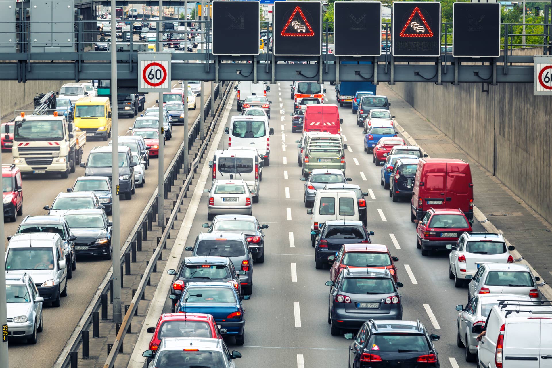 Traffic jam on german highway /A100 in Berlin .