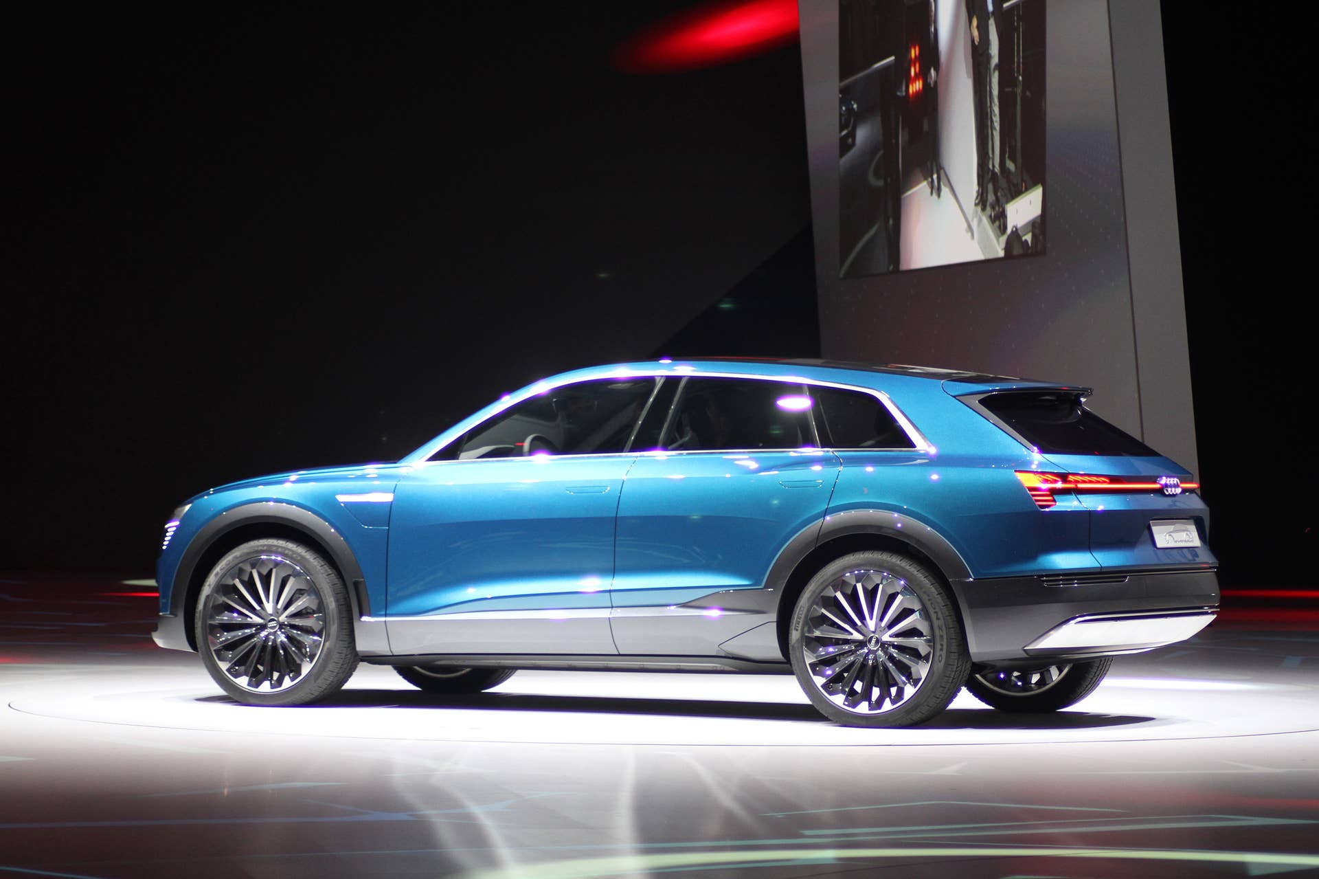 The Audi E-Tron Quattro concept is revealed to the press at Volkswagen Group Night ahead of the 2015 Frankfurt Motor Show, rear three-quarter view.