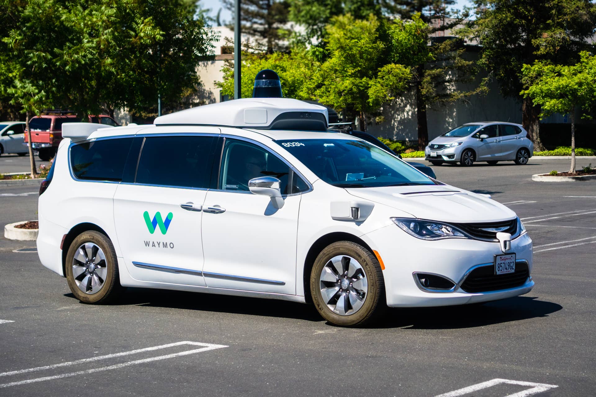 June 21, 2018 Mountain View / CA / USA - Close up of Waymo self driving car performing tests in a parking lot near Google's headquarters, south San Francisco bay area