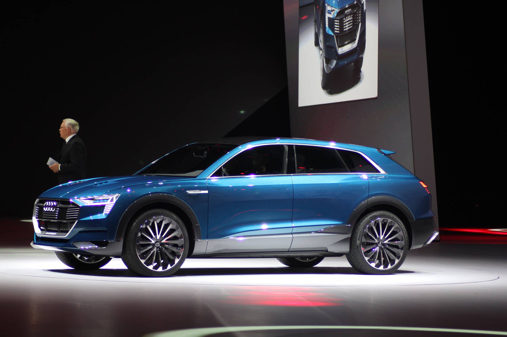 The Audi E-Tron Quattro concept is revealed to the press at Volkswagen Group Night ahead of the 2015 Frankfurt Motor Show, near front three-quarter view.