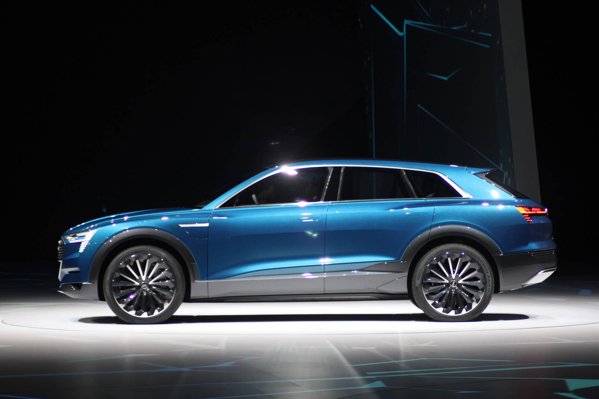 The Audi E-Tron Quattro concept is revealed to the press at Volkswagen Group Night ahead of the 2015 Frankfurt Motor Show, side view.
