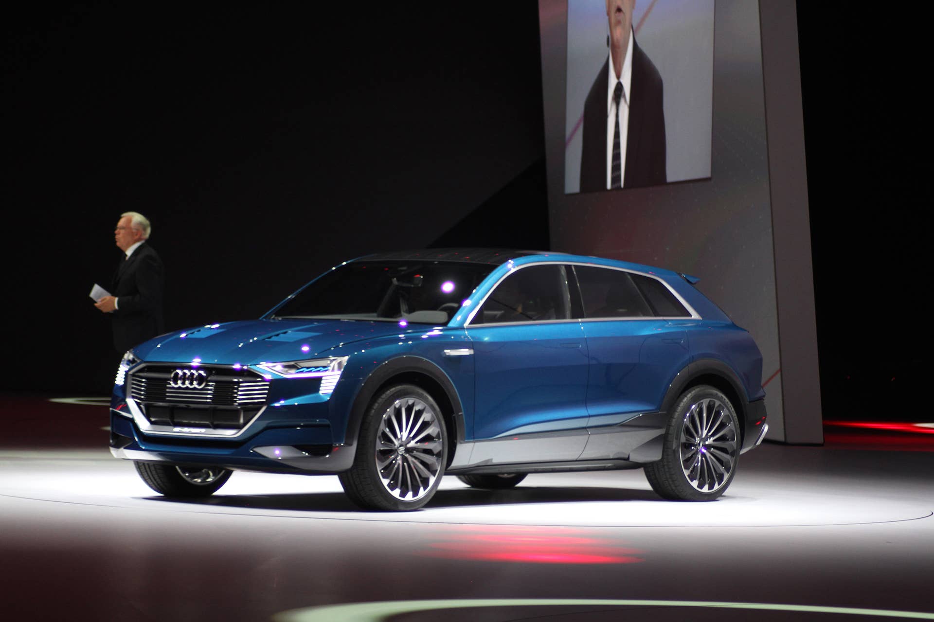 The Audi E-Tron Quattro concept is revealed to the press at Volkswagen Group Night ahead of the 2015 Frankfurt Motor Show, front three-quarter view.