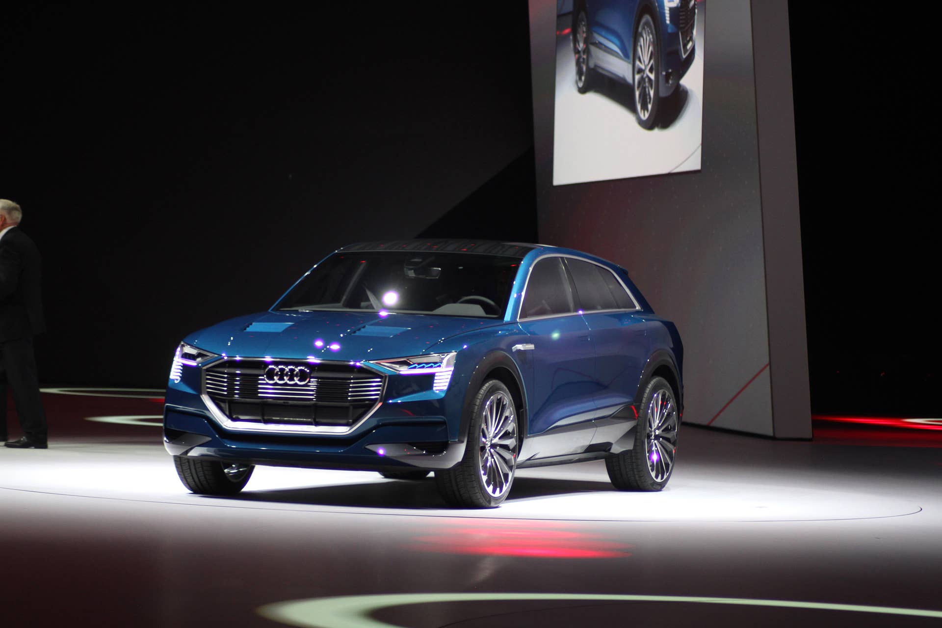 The Audi E-Tron Quattro concept is revealed to the press at Volkswagen Group Night ahead of the 2015 Frankfurt Motor Show, front three-quarter view.