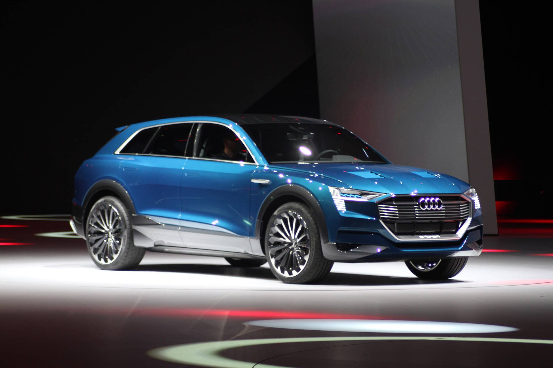 The Audi E-Tron Quattro concept is revealed to the press at Volkswagen Group Night ahead of the 2015 Frankfurt Motor Show, front three-quarter view, passenger side.