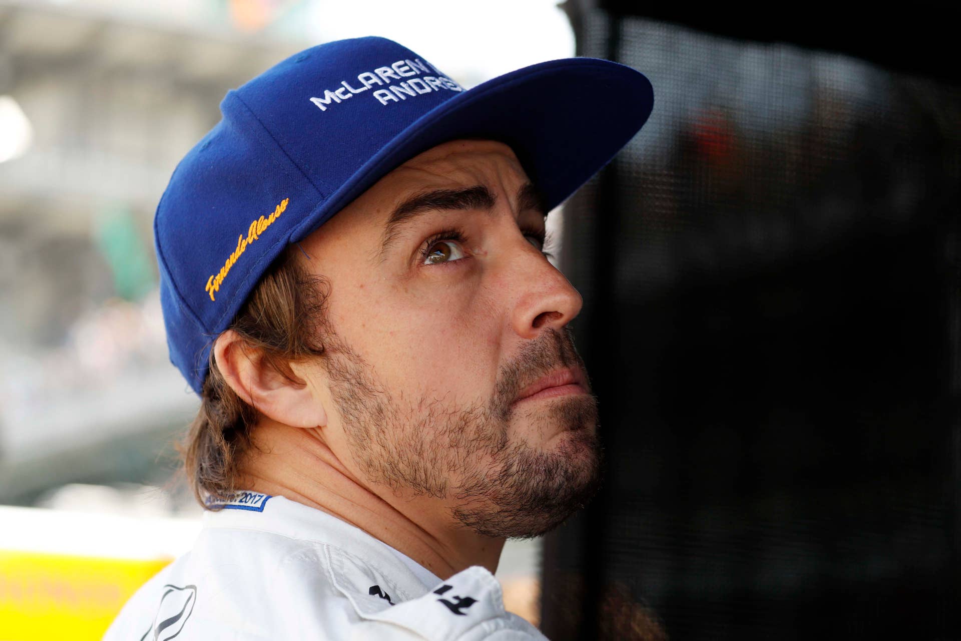 May 26, 2017; Indianapolis, IN, USA; Verizon IndyCar Series driver Fernando Alonso stands in his pits during Carb Day for the 101st Running of the Indianapolis 500 at Indianapolis Motor Speedway. Mandatory Credit: Brian Spurlock-USA TODAY Sports