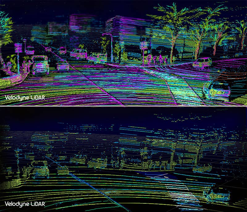 A comparison of machine vision between the Velodyne VLS-128 LIDAR array, top, and the Velodyne HDL-64, below.