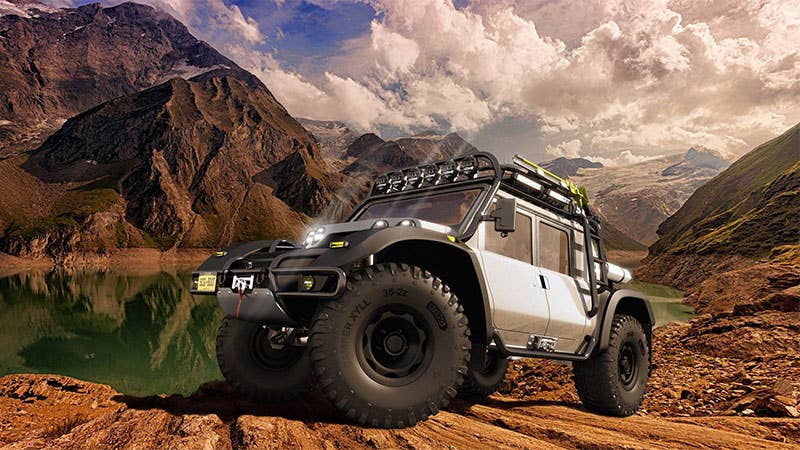 Rendering of the four-door SCG Baja Boot, front three-quarter view.
