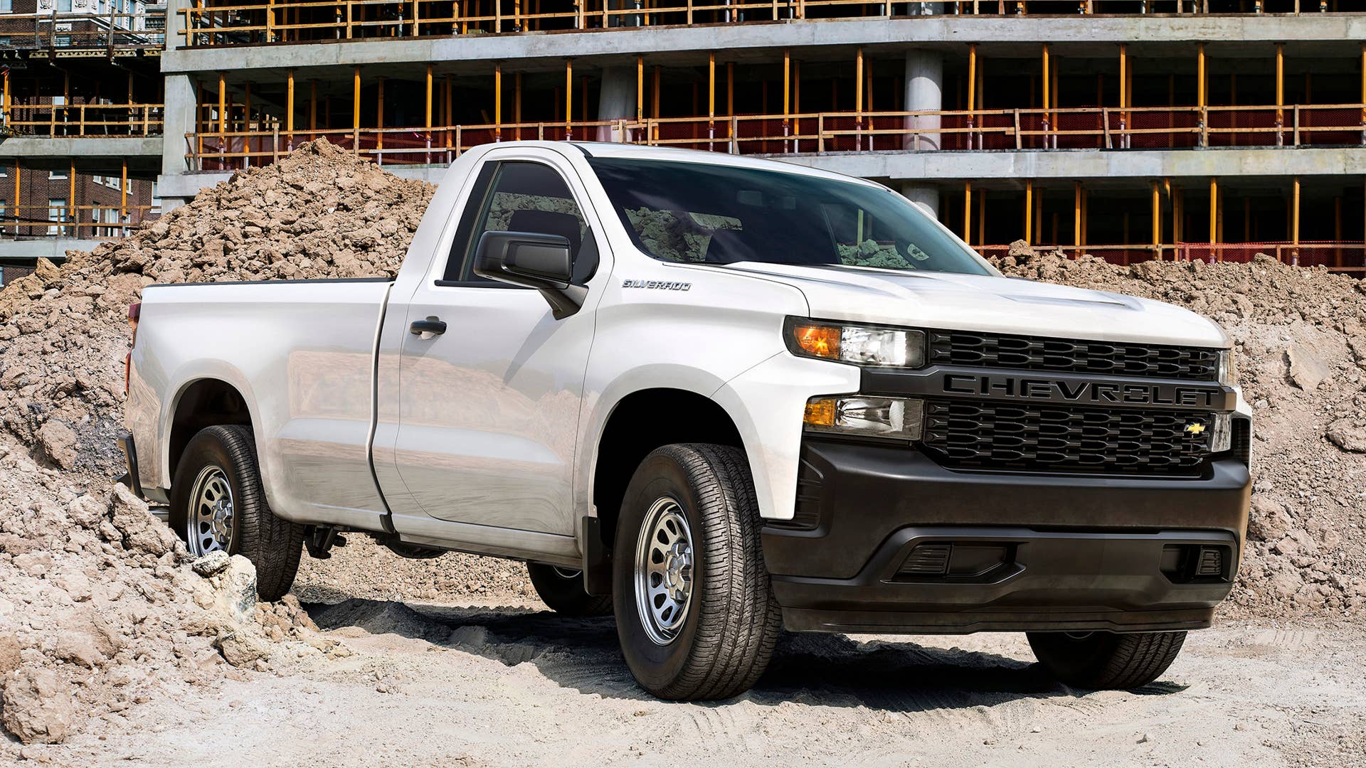 The all-new 2019 Silverado Work Truck features a âCHEVROLETâ graphic across the grille and tailgate, blacked-out trim and 17-inch steel wheels for maximum durability. The interior features durable vinyl or cloth seats and 7-inch color touch screen.