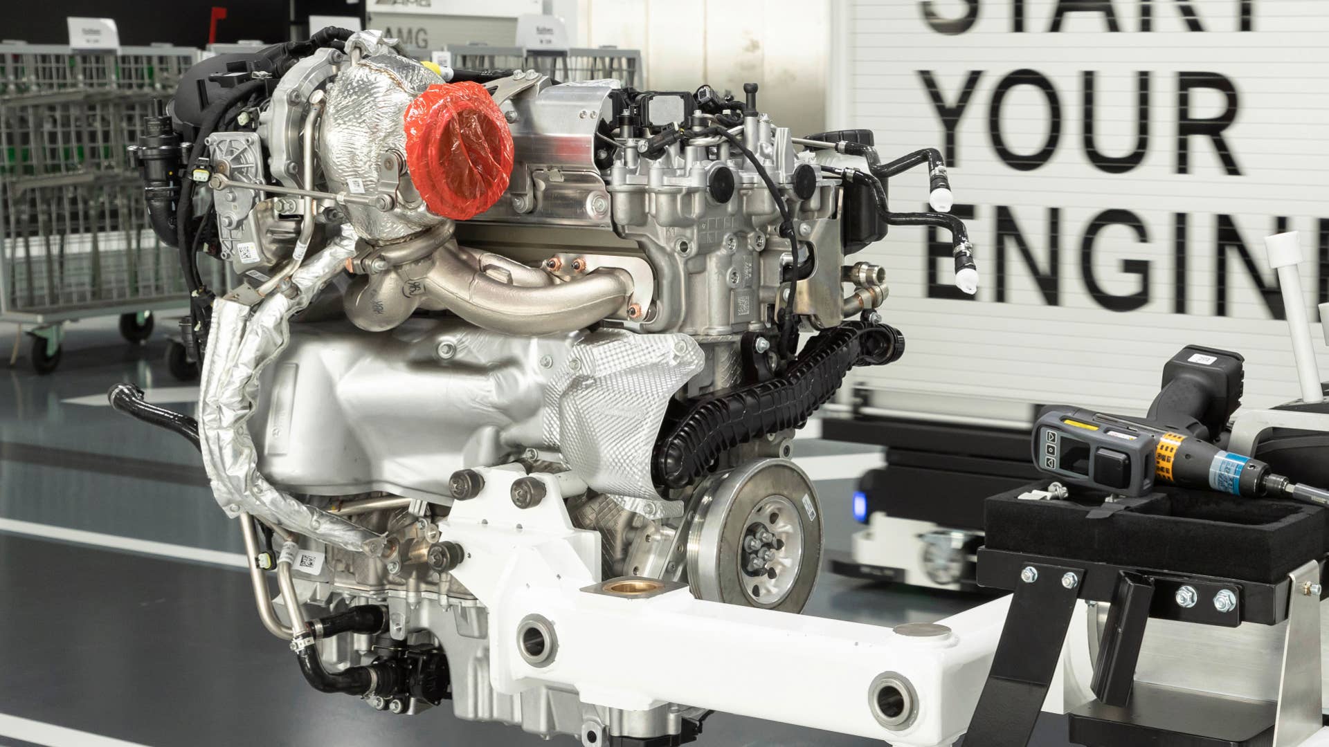 Mercedes-AMG engine parts and assembled engine for the CLA 45, A 45 and GLA 45 models.