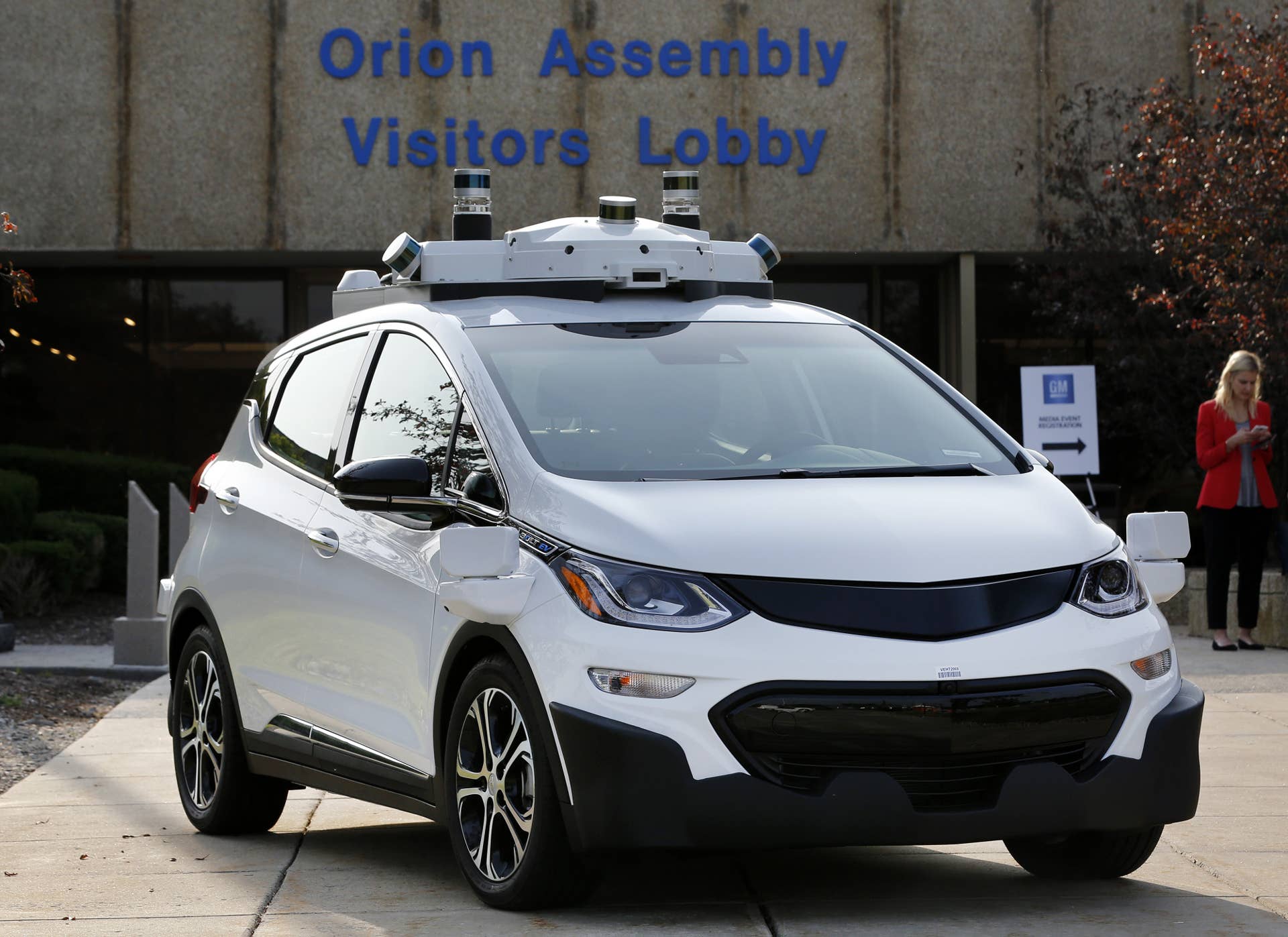 A Chevrolet Bolt with AV Technology is displayed outside of the General Motors Co. Orion Assembly Plant in Orion Township, Michigan, U.S., on Tuesday, June 13, 2017. The largest U.S. automaker will expand its fleet of autonomous Chevrolet Bolts to 180 of the electric vehicles, Chief Executive Officer�Mary Barra�said Tuesday.�Photographer: Jeff Kowalsky/Bloomberg via Getty Images