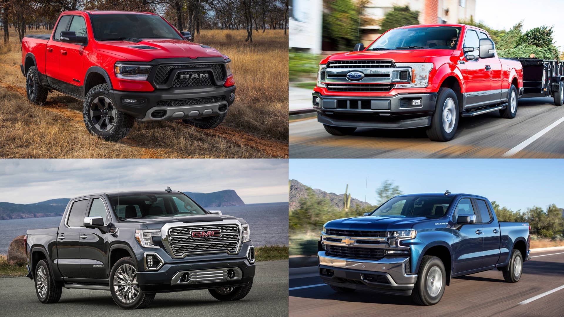 2020 Ram 1500 in red, 2019 Ford F-150 in red, 2020 GMC Sierra in gray, 2020 Chevy Silverado in blue