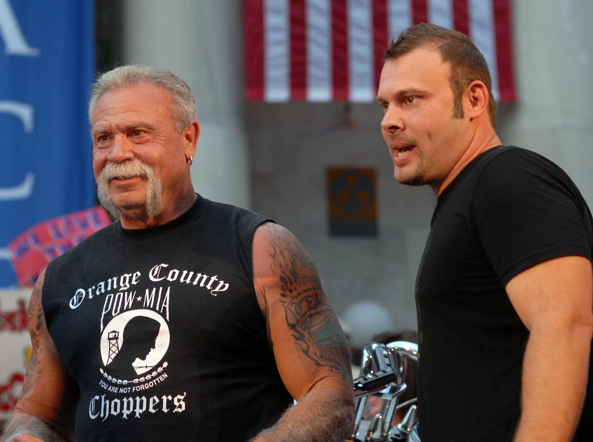 MEDIA, PA - SEPTEMBER 22: Orange County Choppers Paul Teutel Sr. and his son Paul Teutel Jr. during a rally outside the Delaware County Courthouse September 22, 2008 in Media, Pennsylvania. Thousands attended the late afternoon rally in support of the candidates. (Photo by William Thomas Cain/Getty Images)