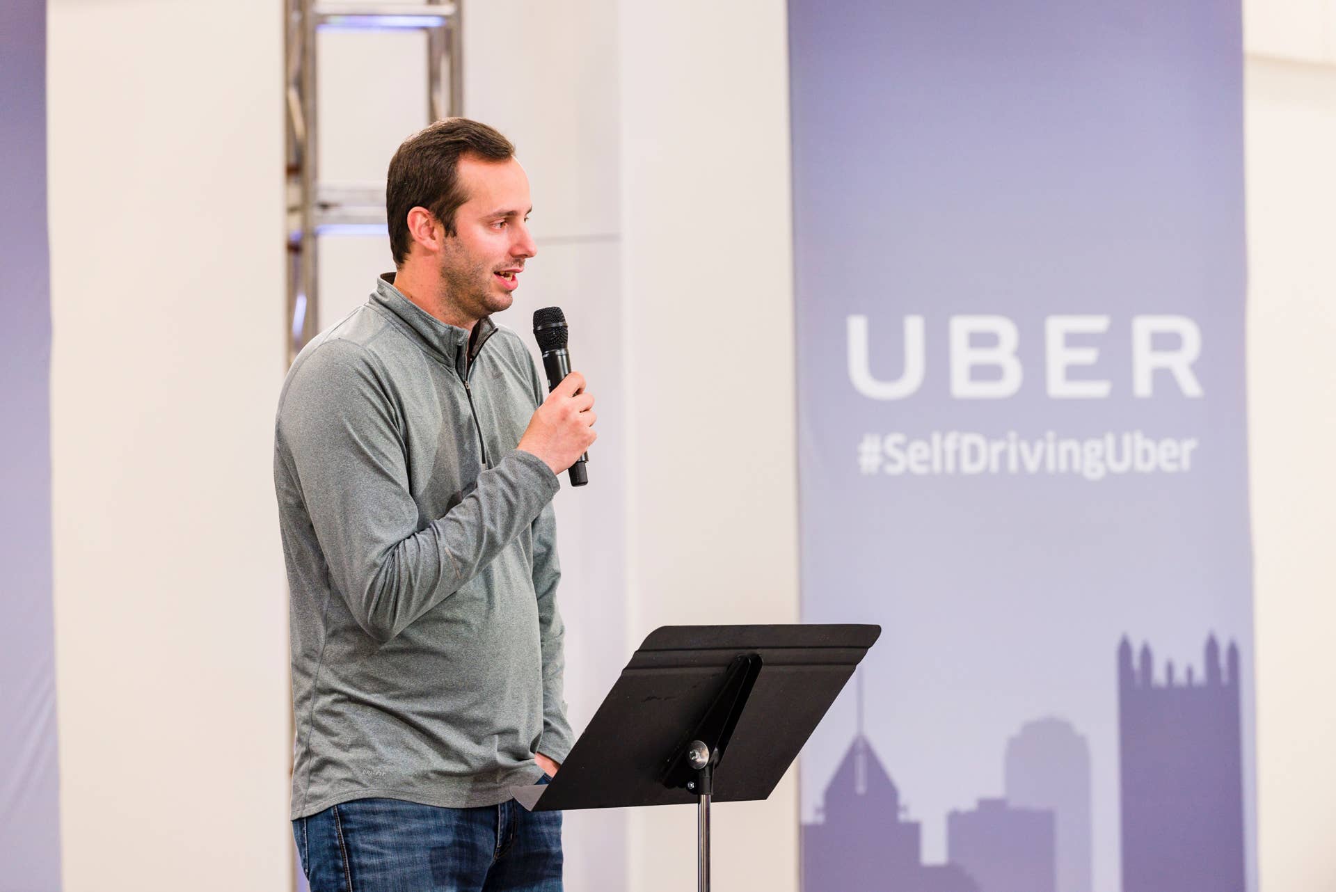 Anthony Levandowski, Otto Co-founder and VP of Engineering at Uber, speaks to members of the press during the launch of the pilot model of the Uber self-driving car at the Uber Advanced Technologies Center on September 13, 2016 in Pittsburgh, Pennsylvania. Uber launched a groundbreaking driverless car service, stealing ahead of Detroit auto giants and Silicon Valley rivals with technology that could revolutionize transportation. / AFP / Angelo Merendino (Photo credit should read ANGELO MERENDINO/AFP/Getty Images)