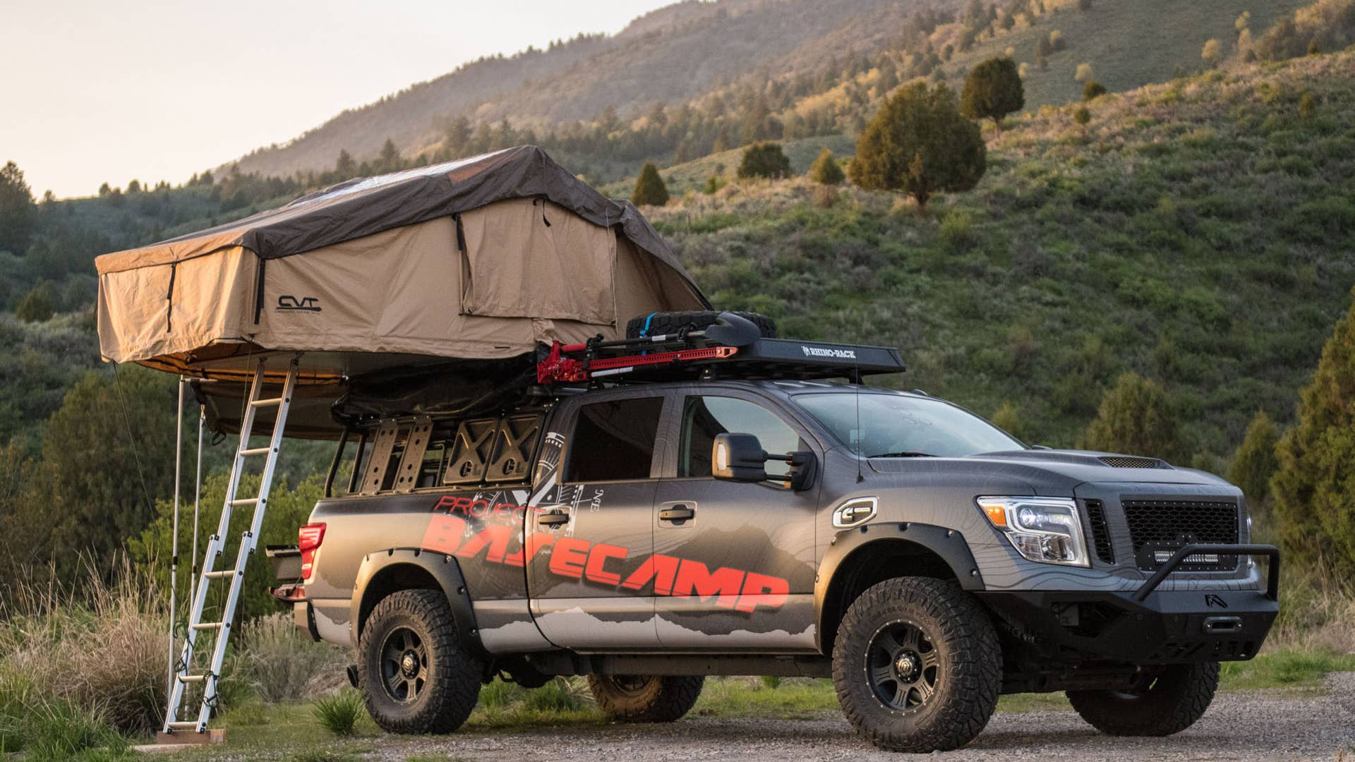 The Nissan TITAN XD PRO-4X Project Basecamp, designed for self-sustaining exploration of backcountry, is capable of taking on any climate or terrain in its path. Itâs built on the foundation of a rugged Nissan TITAN XD PRO-4X, anchored by a powerful Cummins® 5.0L V8 Turbo Diesel rated at 310 horsepower and a hefty 555 lb-ft of torque. Key modifications include 3-inch lift kit, bed cage, stargazer tent, light bar and 35-inch tires.
