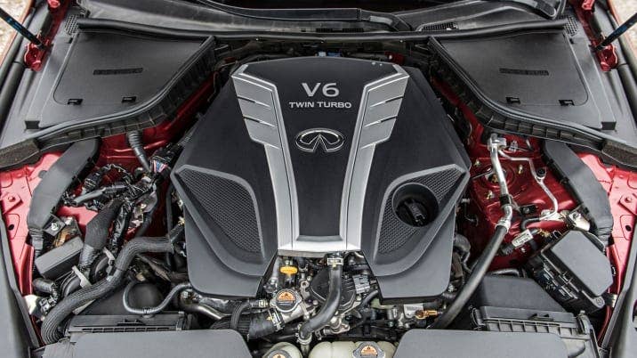 Infiniti Q50 models equipped with the 3.0-liter V6 twin-turbo 400 hp engine are designated as the Q50 Red Sport 400 and feature unique staggered 19-inch aluminum-alloy wheels and 245/40R19 front/265/35R19 rear summer performance run-flat tires, as well as unique exhaust tips. These changes help to assert the carâ€™s performance credentials and add to its aggressive, confident aura.