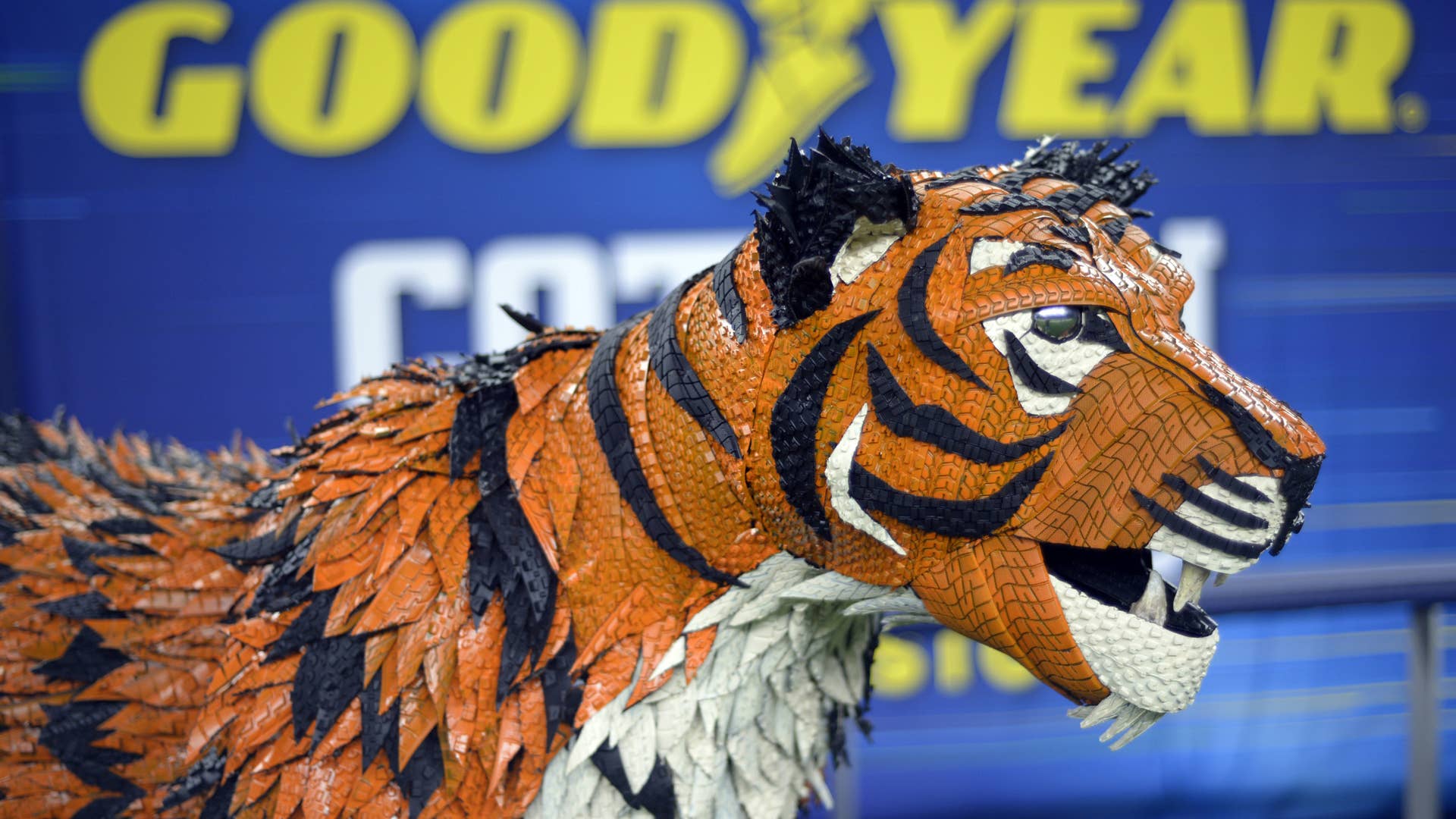 Goodyear unveils life-sized mascot tire art of the University of Memphis’ Tom the Tiger for the 84th Goodyear Cotton Bowl Classic on Thursday, Dec. 26, 2019, at AT&T Stadium in Arlington, Texas. The Tom the Tiger statue was constructed from more than145 hand-painted Goodyear tires, 150 hidden screws and 8,000 crown staples. (Matt Strasen/AP Images for Goodyear) (PRNewsfoto/The Goodyear Tire & Rubber Comp)