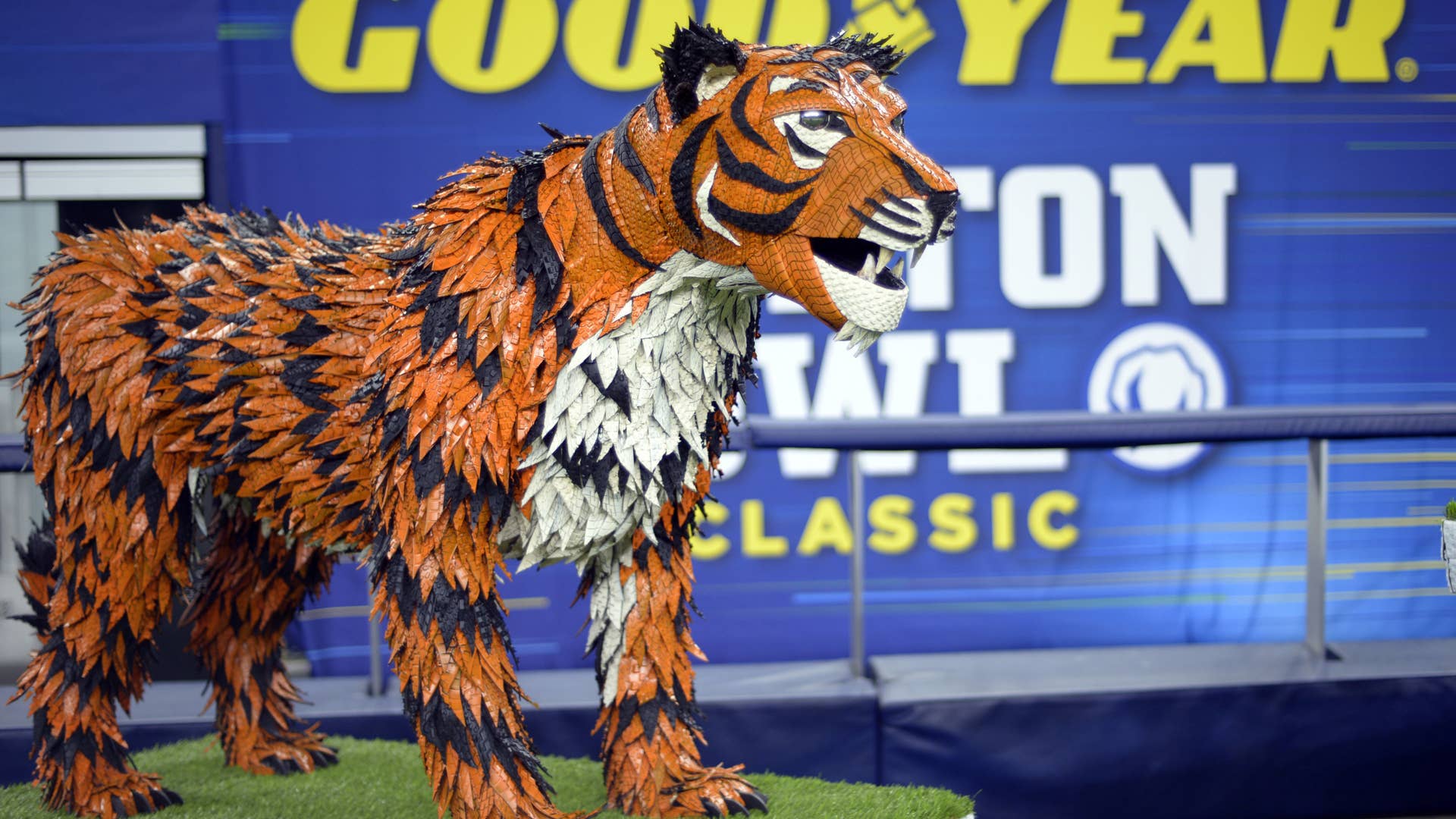 Goodyear introduces a life-sized tire mascot sculpture of the University of Memphis’ Tom the Tiger on Thursday, Dec. 26, 2019, at AT&T Stadium in Arlington, Texas. Made from 145 Goodyear tires and standing over five feet tall, the Tom the Tiger sculpture recognizes the drive and effort of the University of Memphis players for advancing to the 84th annual Goodyear Cotton Bowl Classic. The artwork took over 200 man hours to complete. (Matt Strasen/AP Images for Goodyear) (PRNewsfoto/The Goodyear Tire & Rubber Comp)