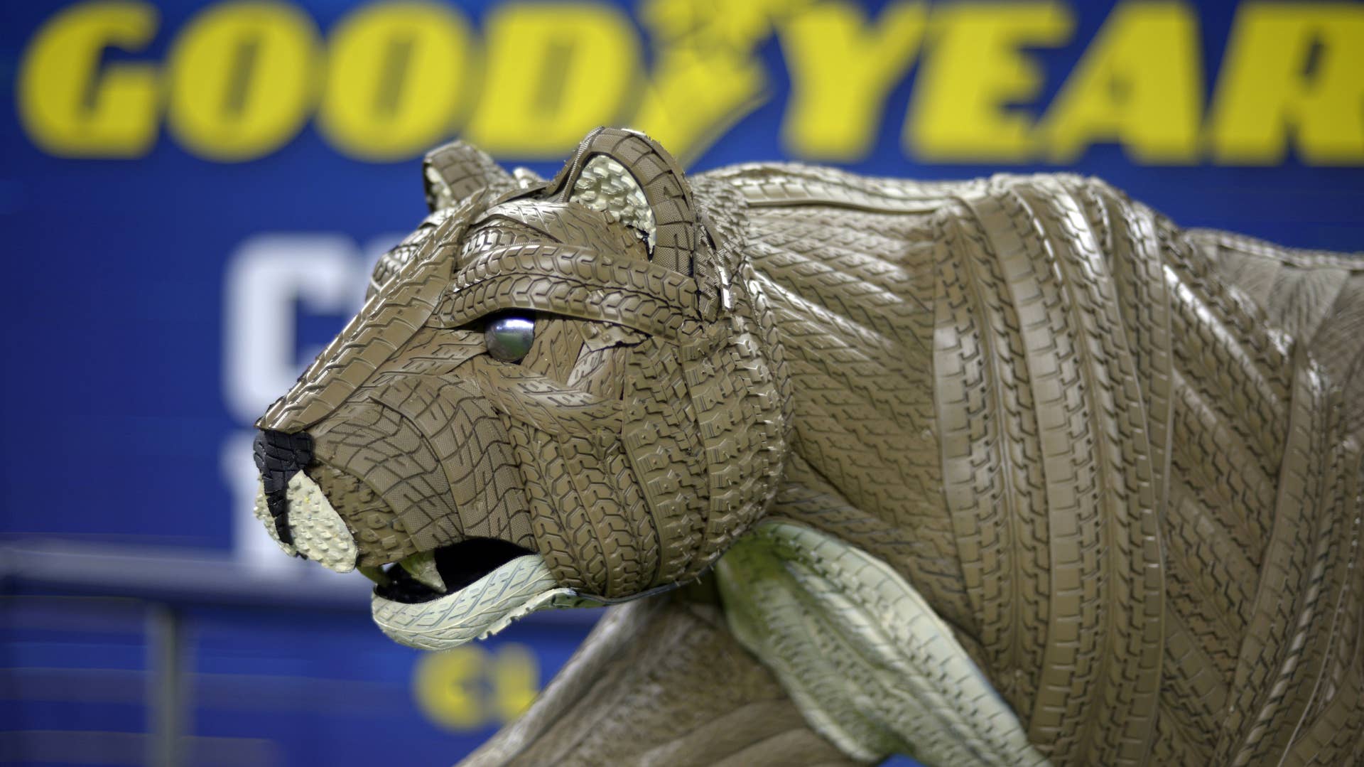 Goodyear unveils life-sized mascot tire art of the Penn State Nittany Lion for the 84th Goodyear Cotton Bowl Classic on Thursday, Dec. 26, 2019, at AT&T Stadium in Arlington, Texas. The Nittany Lion statue was constructed from more than 100 hand-painted Goodyear tires, 300 hidden screws and 3,000 crown staples. (Matt Strasen/AP Images for Goodyear) (PRNewsfoto/The Goodyear Tire & Rubber Comp)