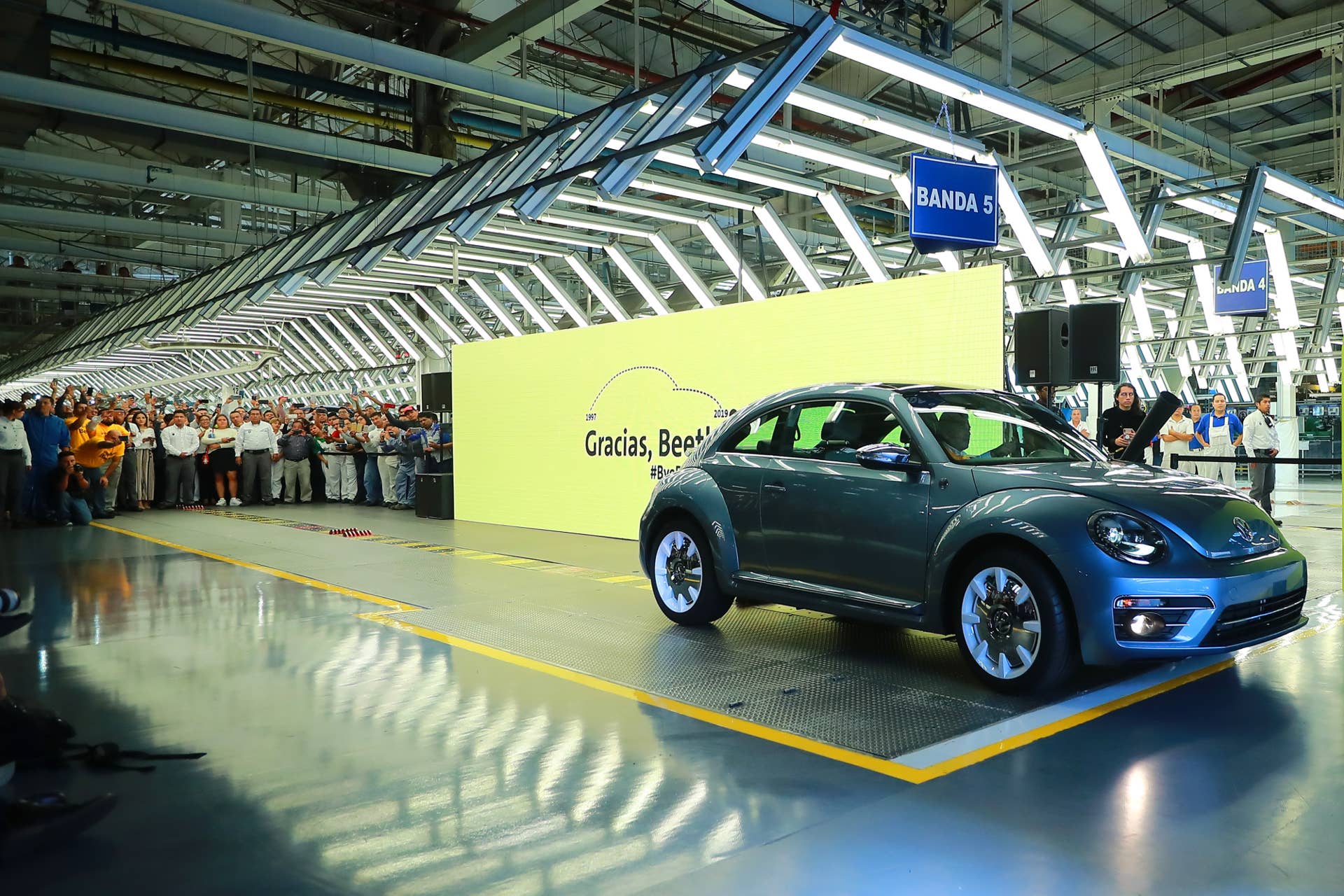 CUAUTLANCINGO, MEXICO - JULY 10: Volkswagen's last Beetle produced is seen during a ceremony to announce the cease of the production of the VW Beetle after 21 years in the market, at Volkswagen Plant on July 10, 2019 in Cuautlancingo, Mexico. Considered as the successor of the Volkswagen Type 1, the Beetle was produced during 21 years in the Cuautlancingo plant, it is estimated that over 17 millions of units were produced. (Photo by Hector Vivas/Getty Images)