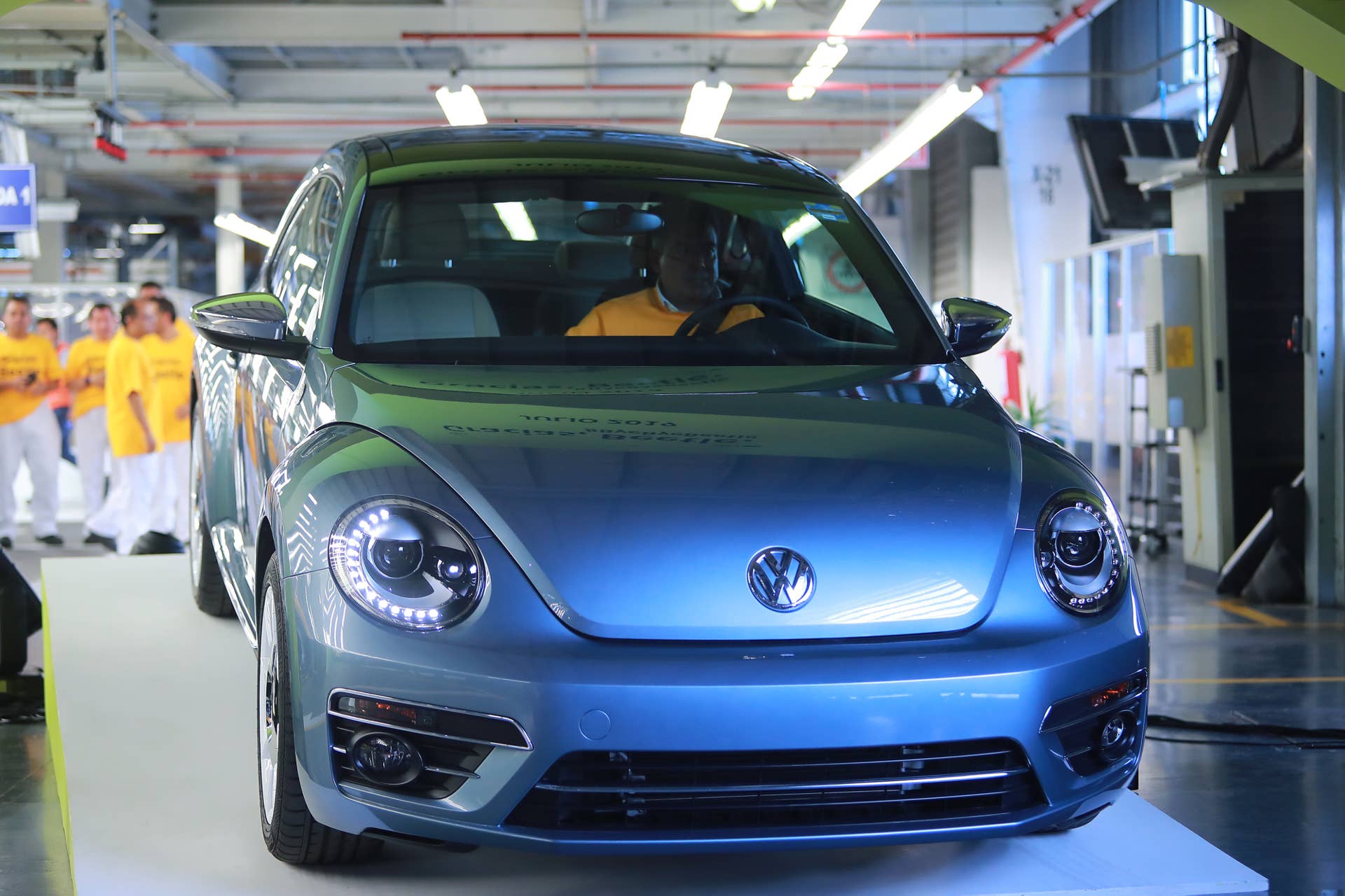 CUAUTLANCINGO, MEXICO - JULY 10: Volkswagen's last Beetle produced is seen during a ceremony to announce the cease of the production of the VW Beetle after 21 years in the market, at Volkswagen Plant on July 10, 2019 in Cuautlancingo, Mexico. Considered as the successor of the Volkswagen Type 1, the Beetle was produced during 21 years in the Cuautlancingo plant, it is estimated that over 17 millions of units were produced. (Photo by Hector Vivas/Getty Images)