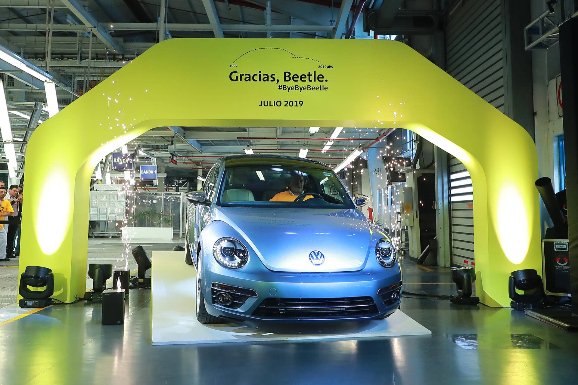 CUAUTLANCINGO, MEXICO - JULY 10: Volkswagen's last Beetle produced is seen during a ceremony to announce the cease of the production of the VW Beetle after 21 years in the market, at Volkswagen Plant on July 10, 2019 in Cuautlancingo, Mexico. Considered as the successor of the Volkswagen Type 1, the Beetle was produced during 21 years in the Cuautlancingo plant, it is estimated that over 17 millions of units were produced. (Photo by Hector Vivas/Getty Images)