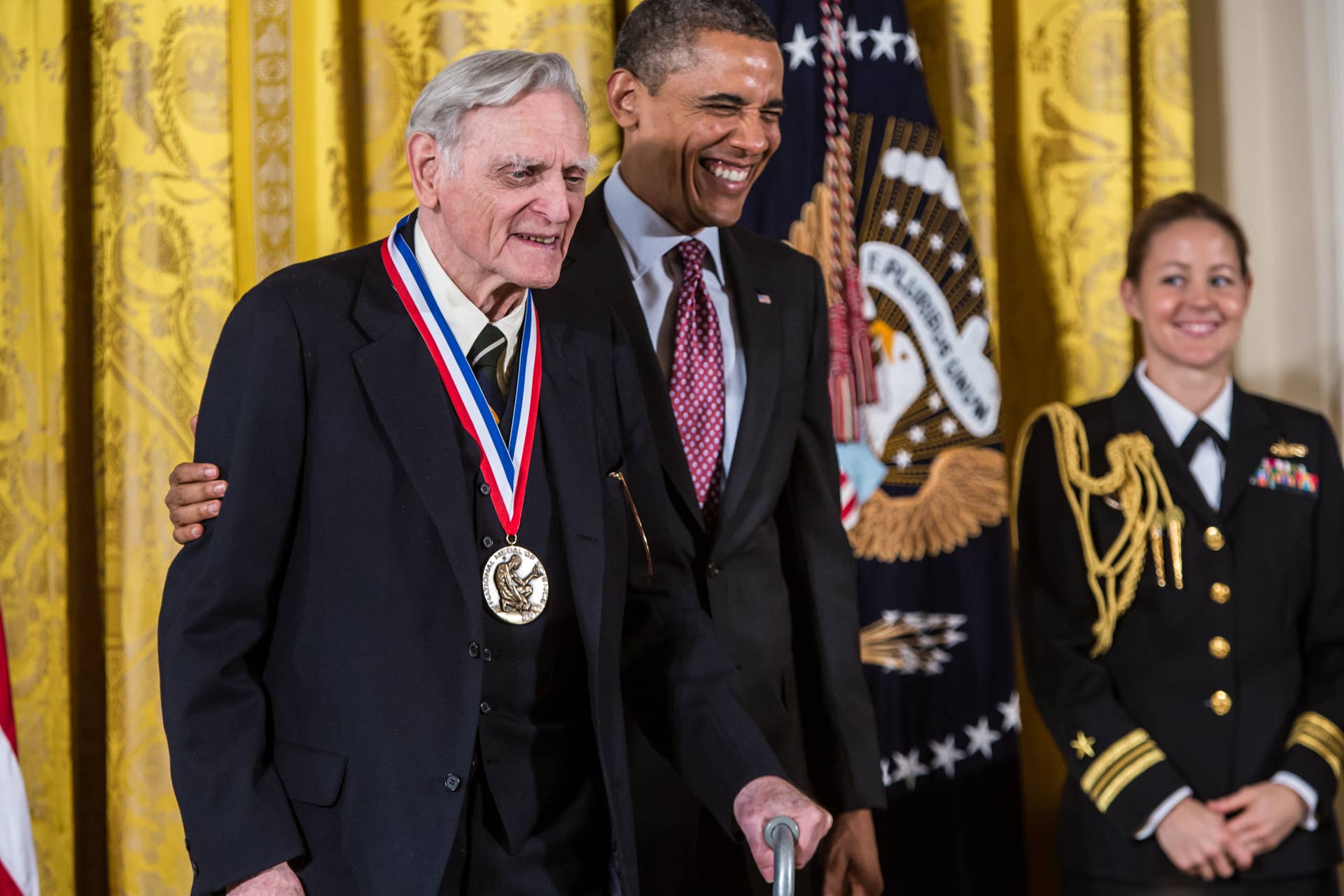 WASHINGTON, DC - FEBRUARY 1: President Barack Obama awards the National Medal of Science to John B. Goodenough in a ceremony at the White House on February 1, 2013 in Washington, DC. The National Medal of Science recognizes individuals who have made outstanding contributions to science and engineering, while the National Medal of Technology and Innovation recognizes those who have made lasting contributions to America's competitiveness and quality of life and helped strengthen the nation's technological workforce. (Photo by Brendan Hoffman/Getty Images)