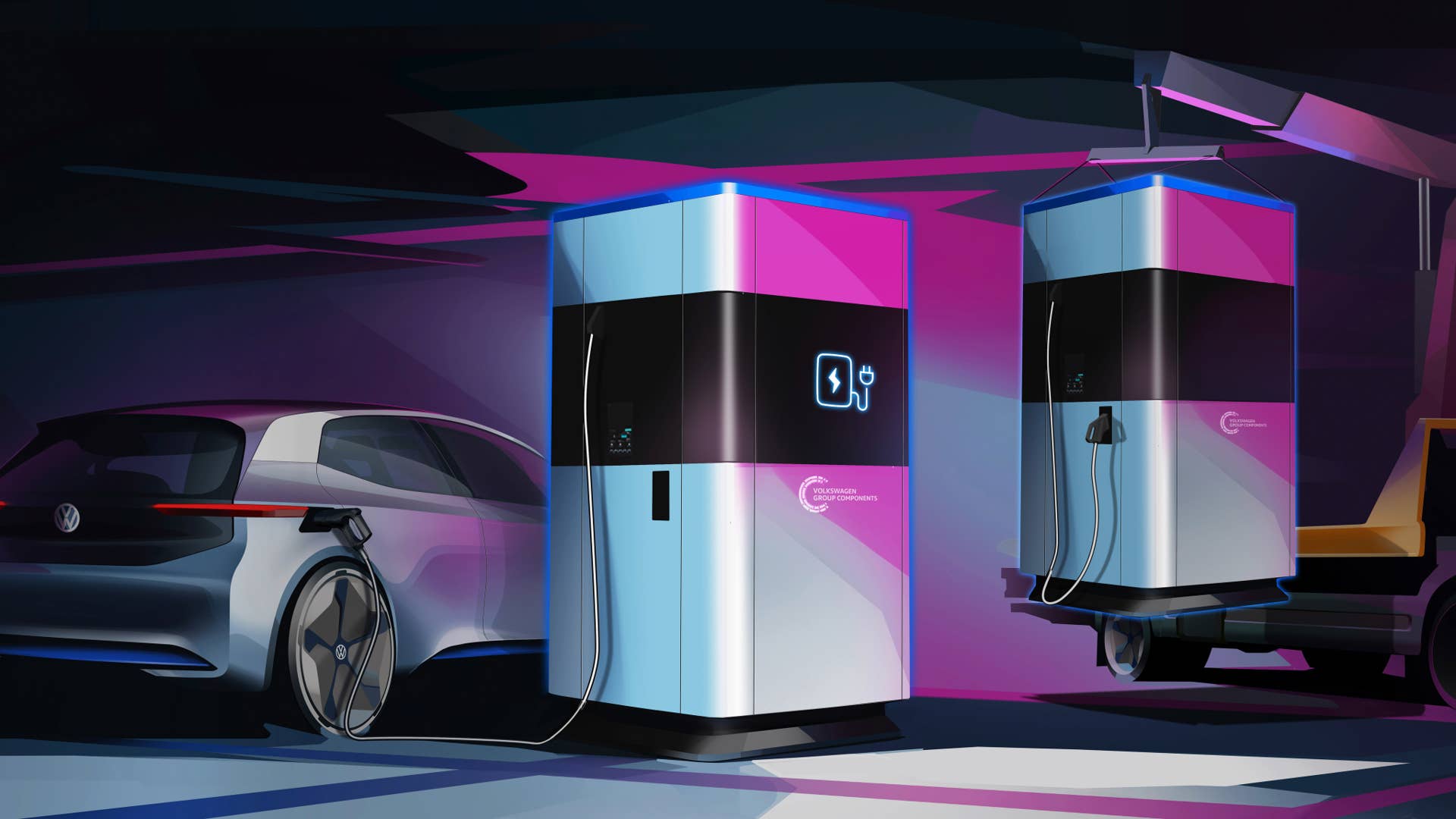 VW previews a mobile charger that can service multiple cars at a time and can be dropped wherever more charge points are needed.