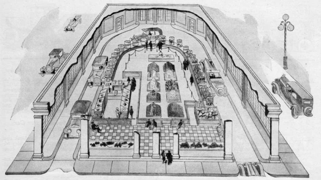 A concept from the '20s imagined a drive-thru retail store, so people never had to leave their cars.
