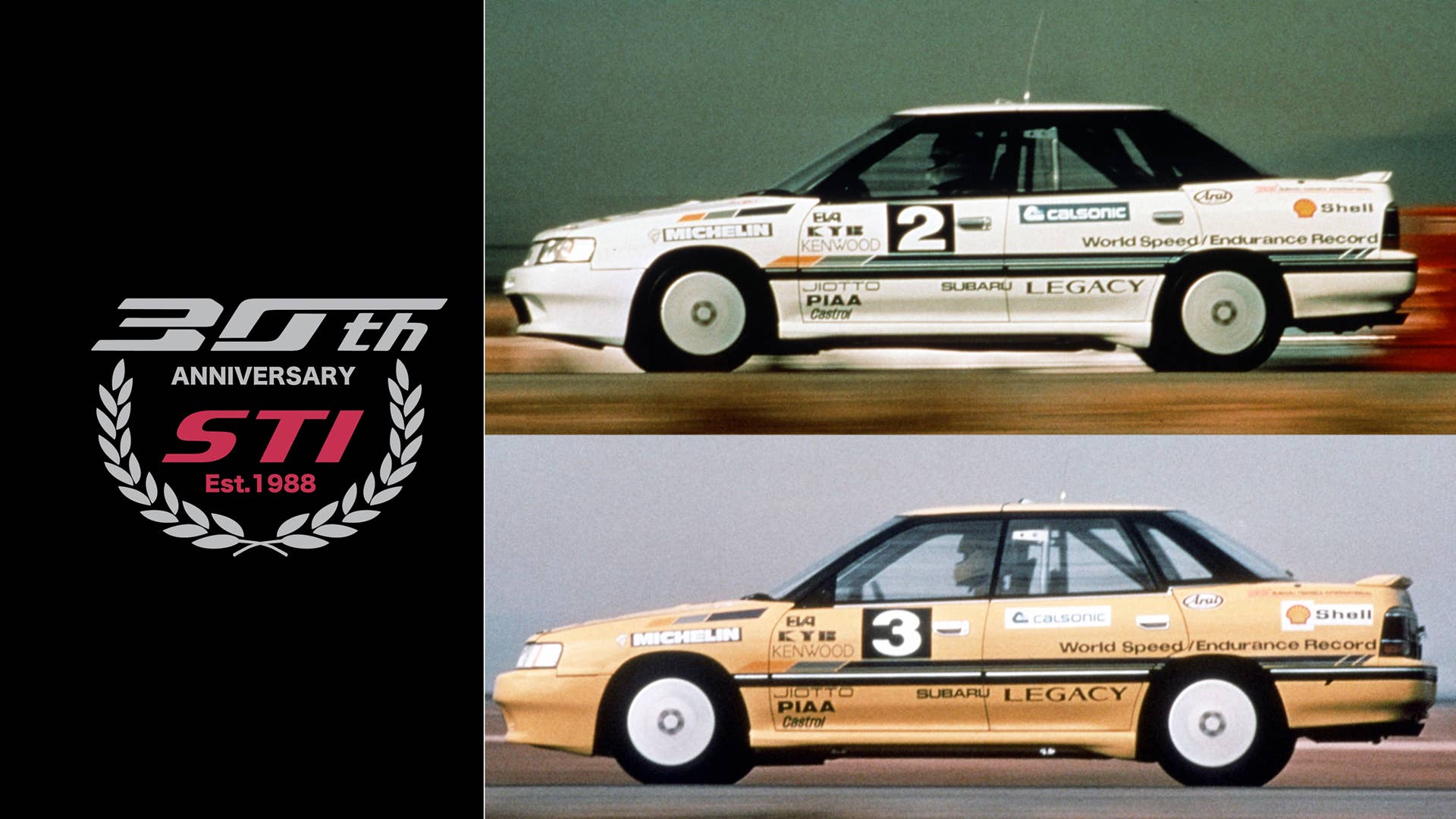 The original 100,000 km (62,000-mile) record Legacys from 1989.