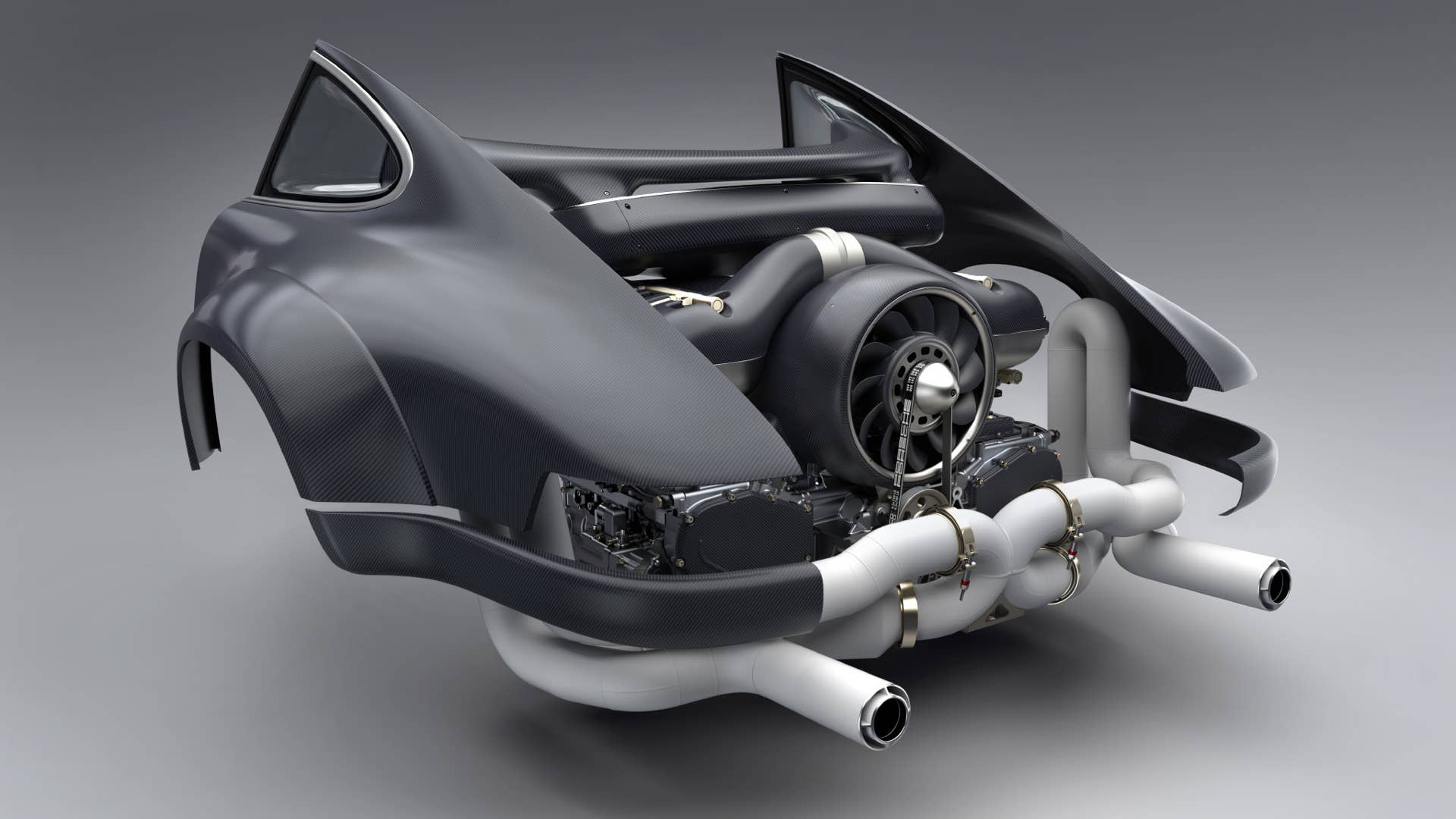 Porsche 4.0L air-cooled flat-six with 4-valve cylinder heads, housed in engine bay. Restored and modified by Singer Vehicle Design and Williams Advanced Engineering.