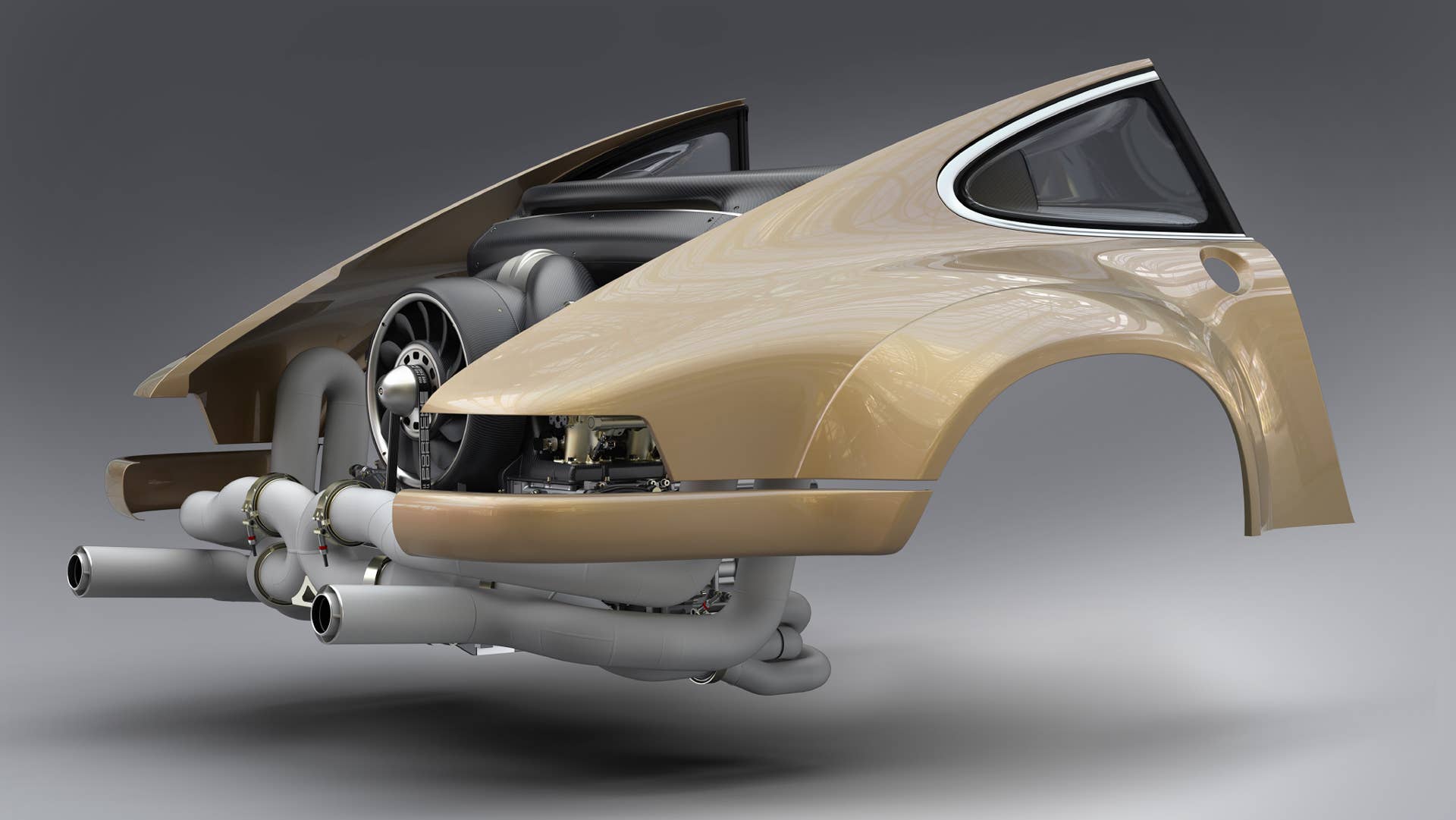 Porsche 4.0L air-cooled flat-six with 4-valve cylinder heads, housed in engine bay. Restored and modified by Singer Vehicle Design and Williams Advanced Engineering.