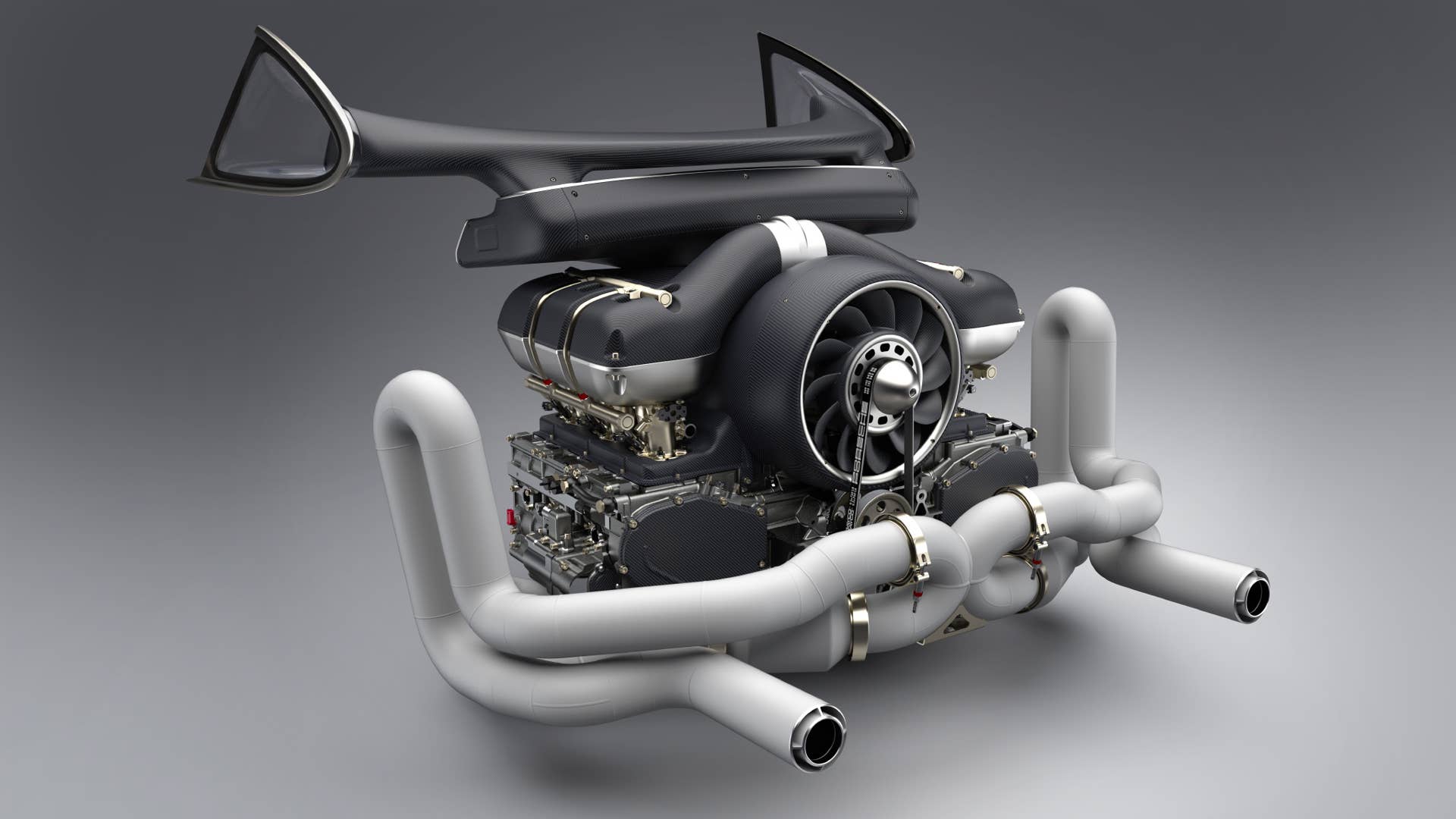 Porsche 4.0L air-cooled flat-six with 4-valve cylinder heads, showing CFD optimized ram-air induction system and Inconel / titanium exhaust system. Restored and modified by Singer Vehicle Design and Williams Advanced Engineering.