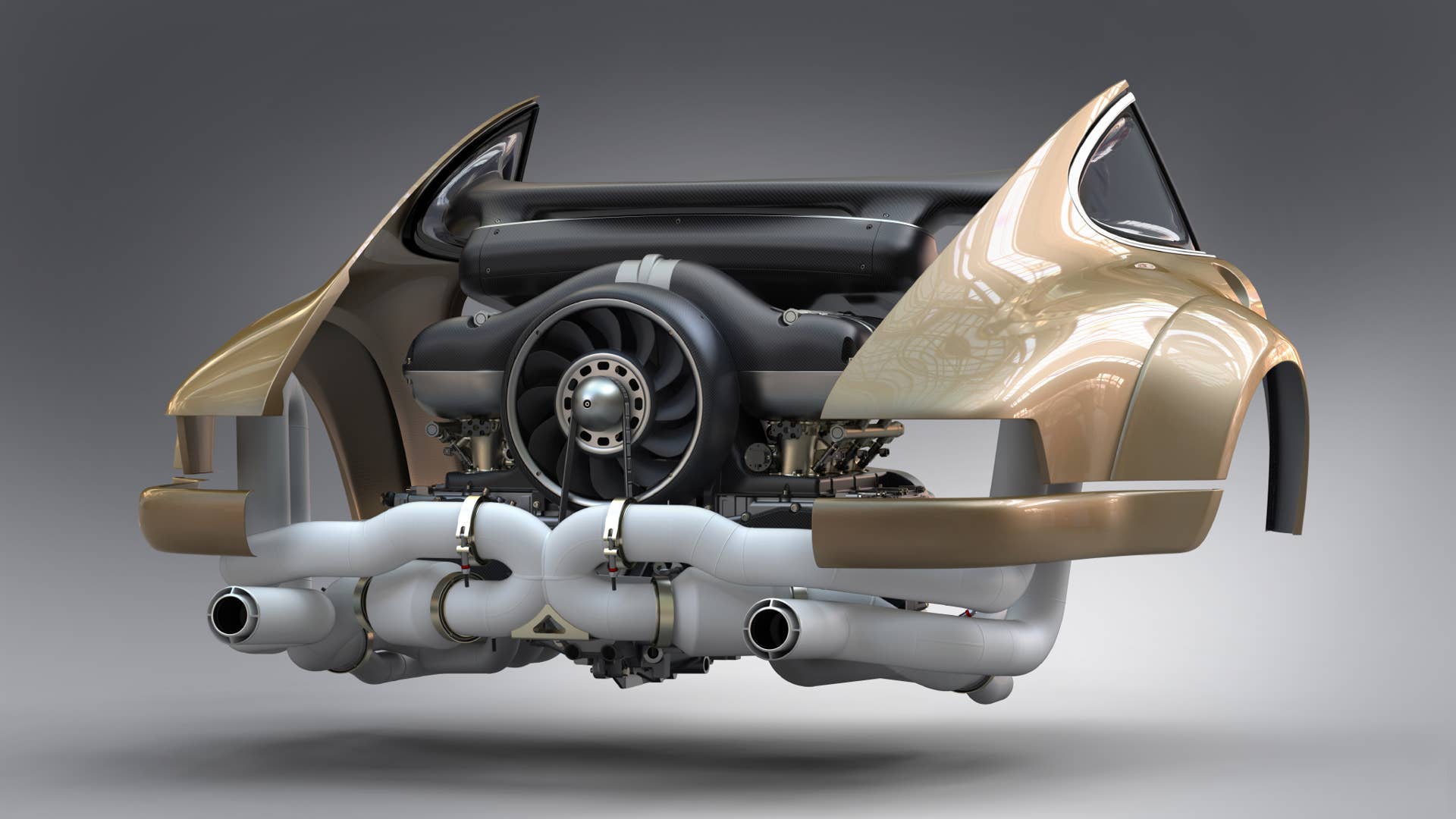 Porsche 4.0L air-cooled flat-six with 4-valve cylinder heads, housed in engine bay. Restored and modified by Singer Vehicle Design and Williams Advanced Engineering.