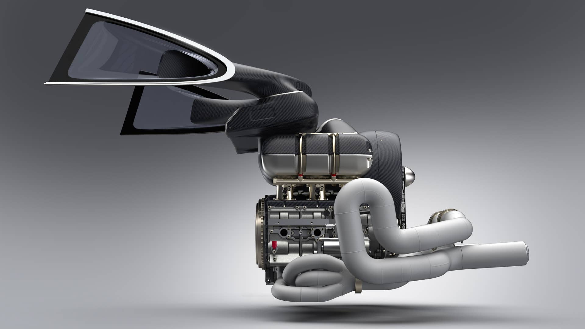 Porsche 4.0L air-cooled flat-six with 4-valve cylinder heads, showing CFD optimized ram-air induction system via rear side window opening and Inconel / titanium exhaust system. Restored and modified by Singer Vehicle Design and Williams Advanced Engineering.