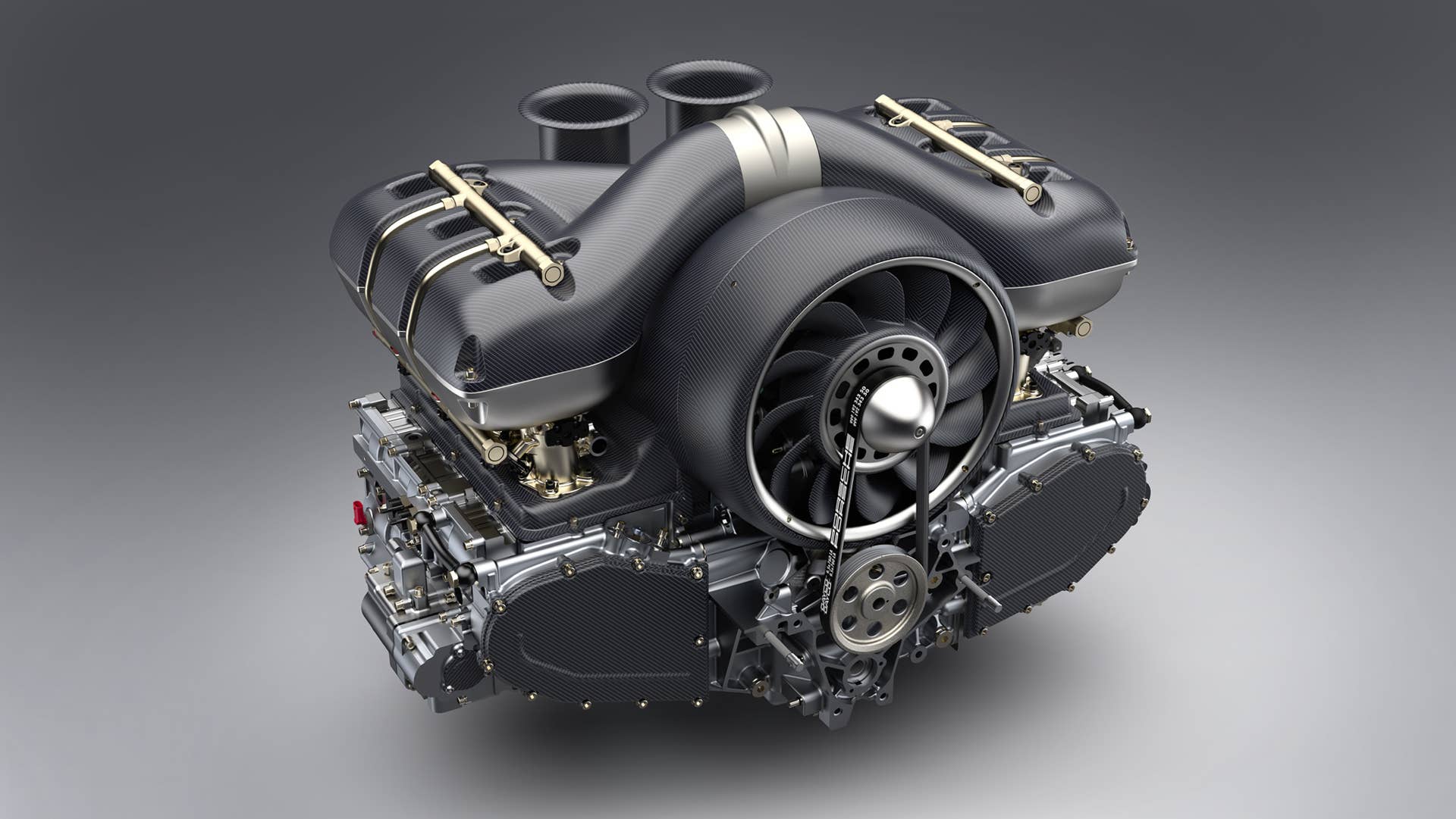 Porsche 4.0L air-cooled flat-six with 4-valve cylinder heads, showing carbon fiber airbox, fan shroud and intake trumpets with CFD-optimized and enlarged fan. Restored and modified by Singer Vehicle Design and Williams Advanced Engineering.