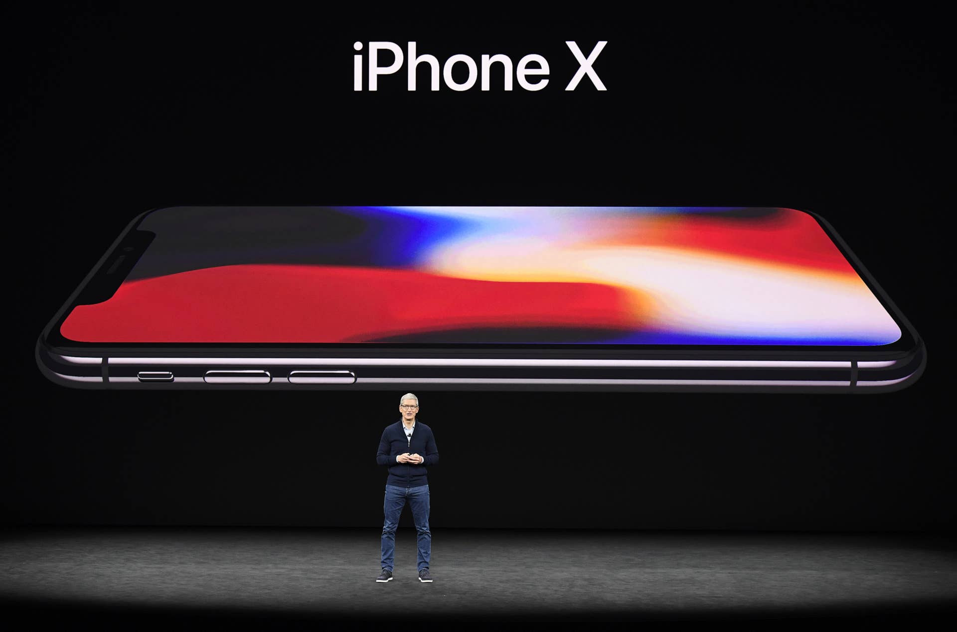 Tim Cook, chief executive officer of Apple Inc., speaks about the iPhone X during an event at the Steve Jobs Theater in Cupertino, California, U.S., on Tuesday, Sept. 12, 2017. Apple Inc.ï¿½unveiled its most important new iPhone for years to take on growing competition from Samsung Electronics Co., Google and a host of Chinese smartphone makers. Photographer: David Paul Morris/Bloomberg via Getty Images