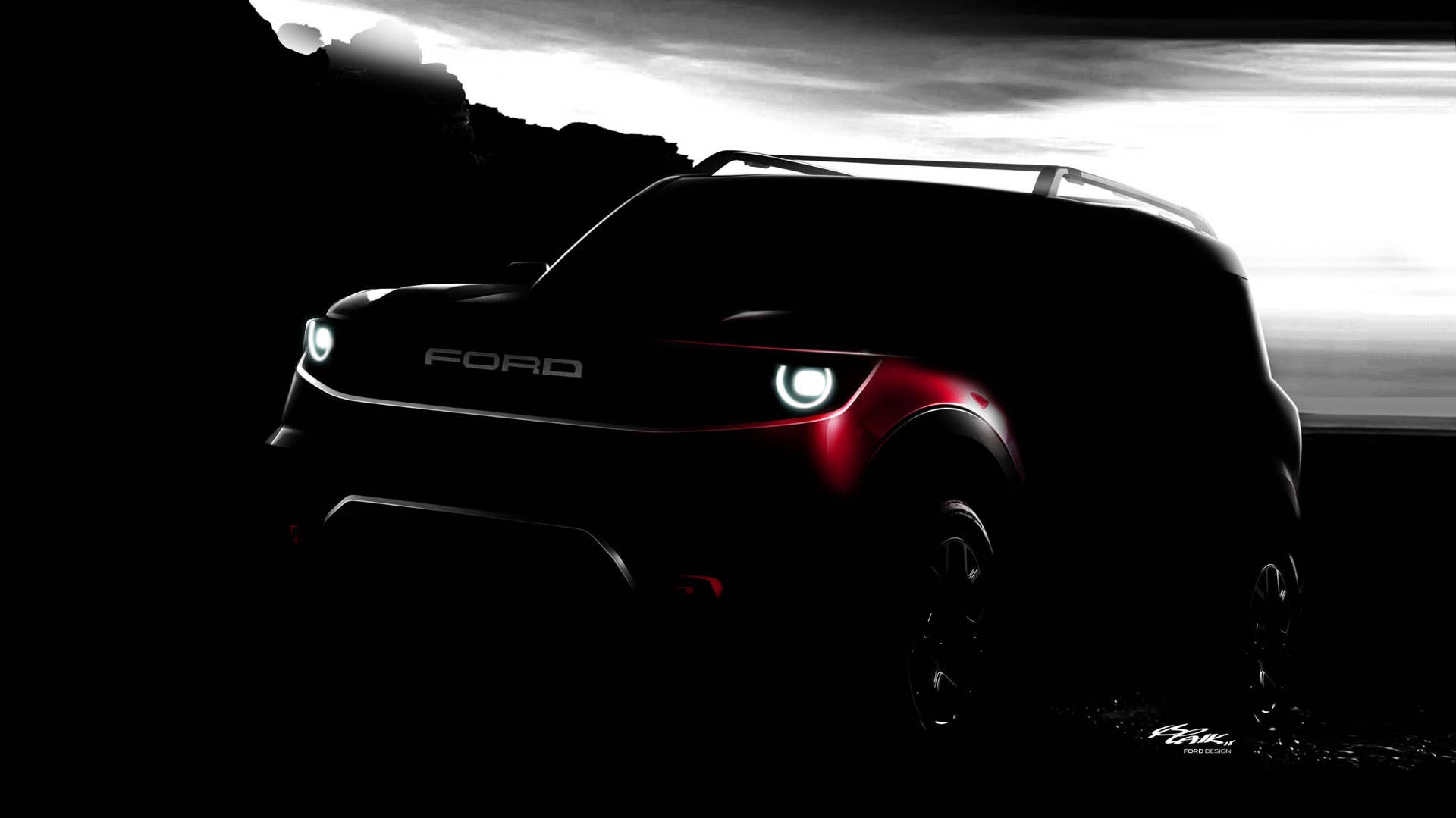 Rendering of the compact off-roading SUV that will slot below the also-forthcoming new Ford Bronco