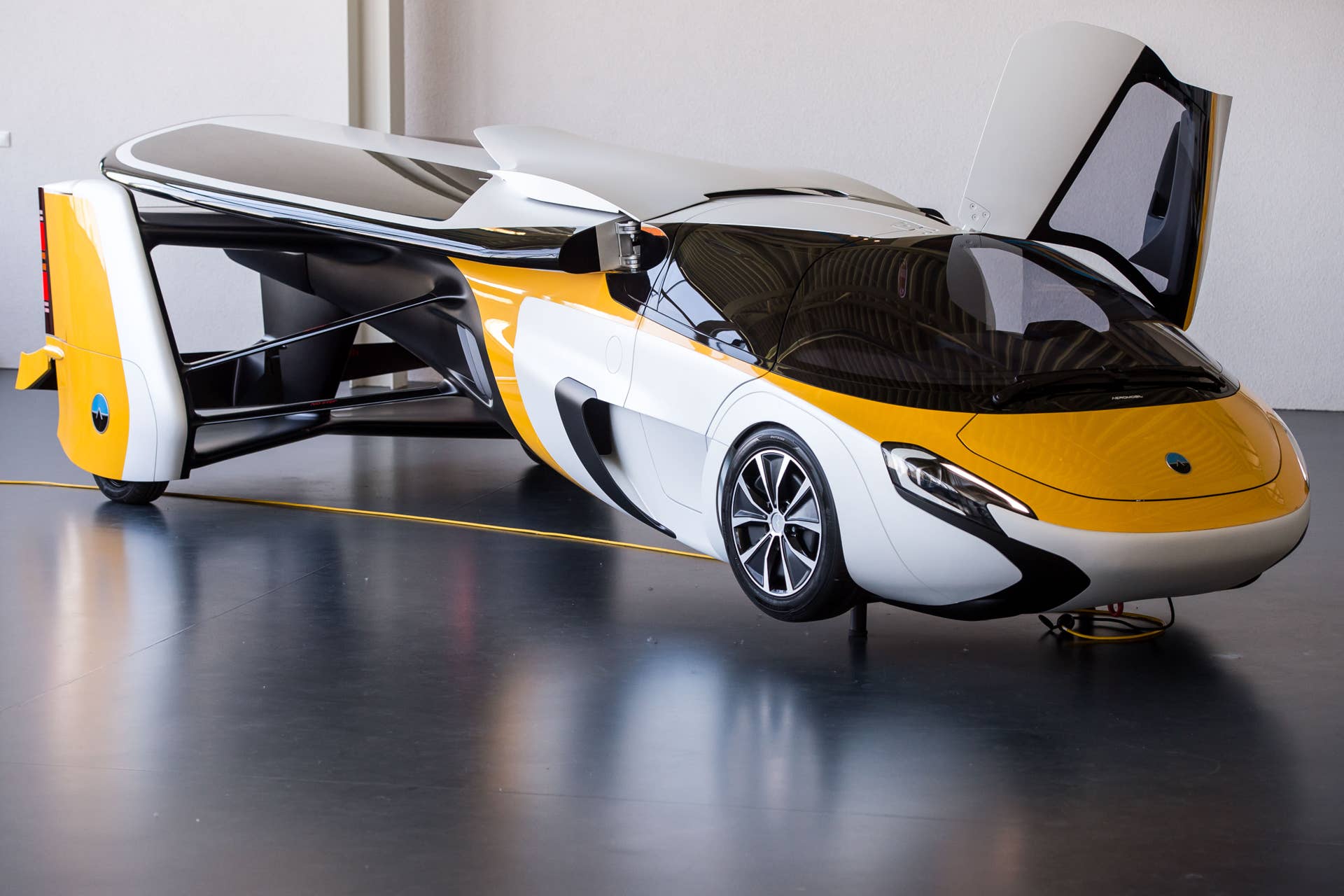 A flying car AeroMobil is on display during a media presentation in the headquarters of AeroMobil company in Bratislava on May 19, 2017. In Slovakia, the AeroMobil company says it has received dozens of orders from customers for a flying car expected to hit the market in 2020. / AFP PHOTO / VLADIMIR SIMICEK (Photo credit should read VLADIMIR SIMICEK/AFP/Getty Images)