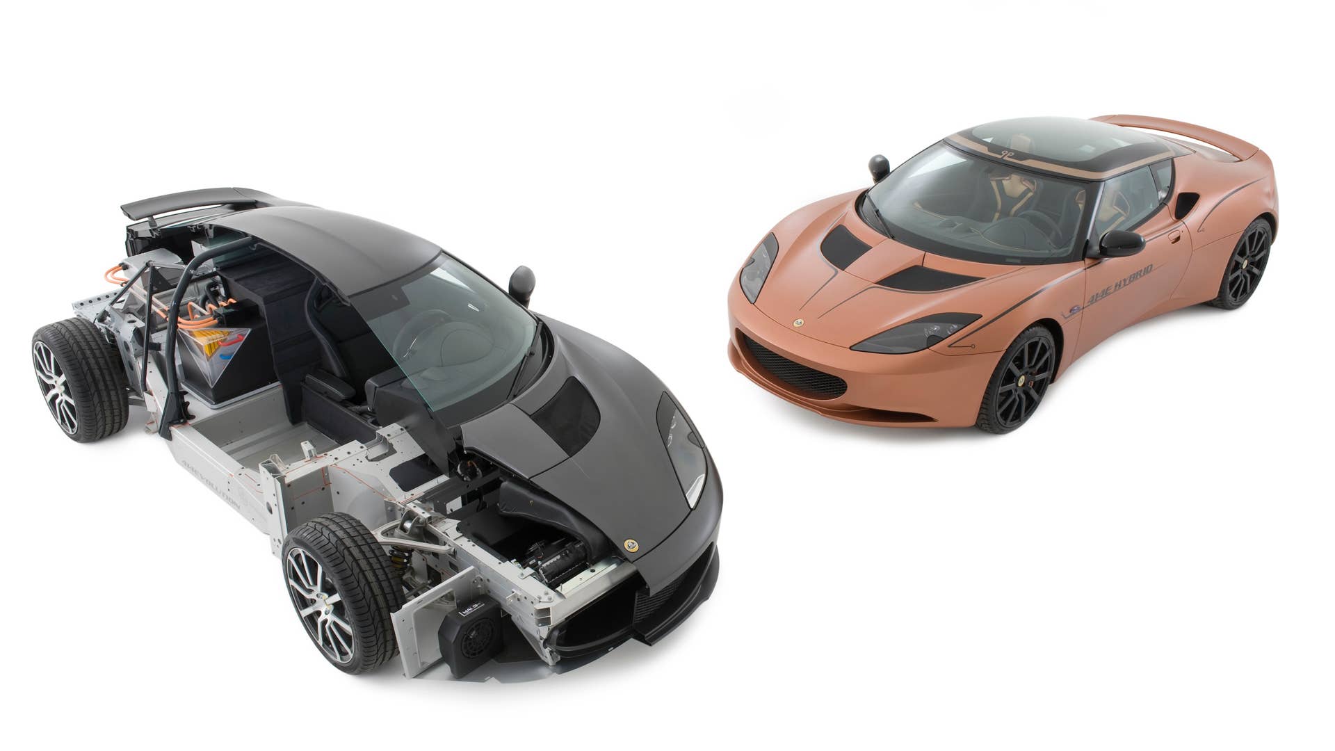 Lotus Evora 414E REEVolution hybrid cutaway and full car
