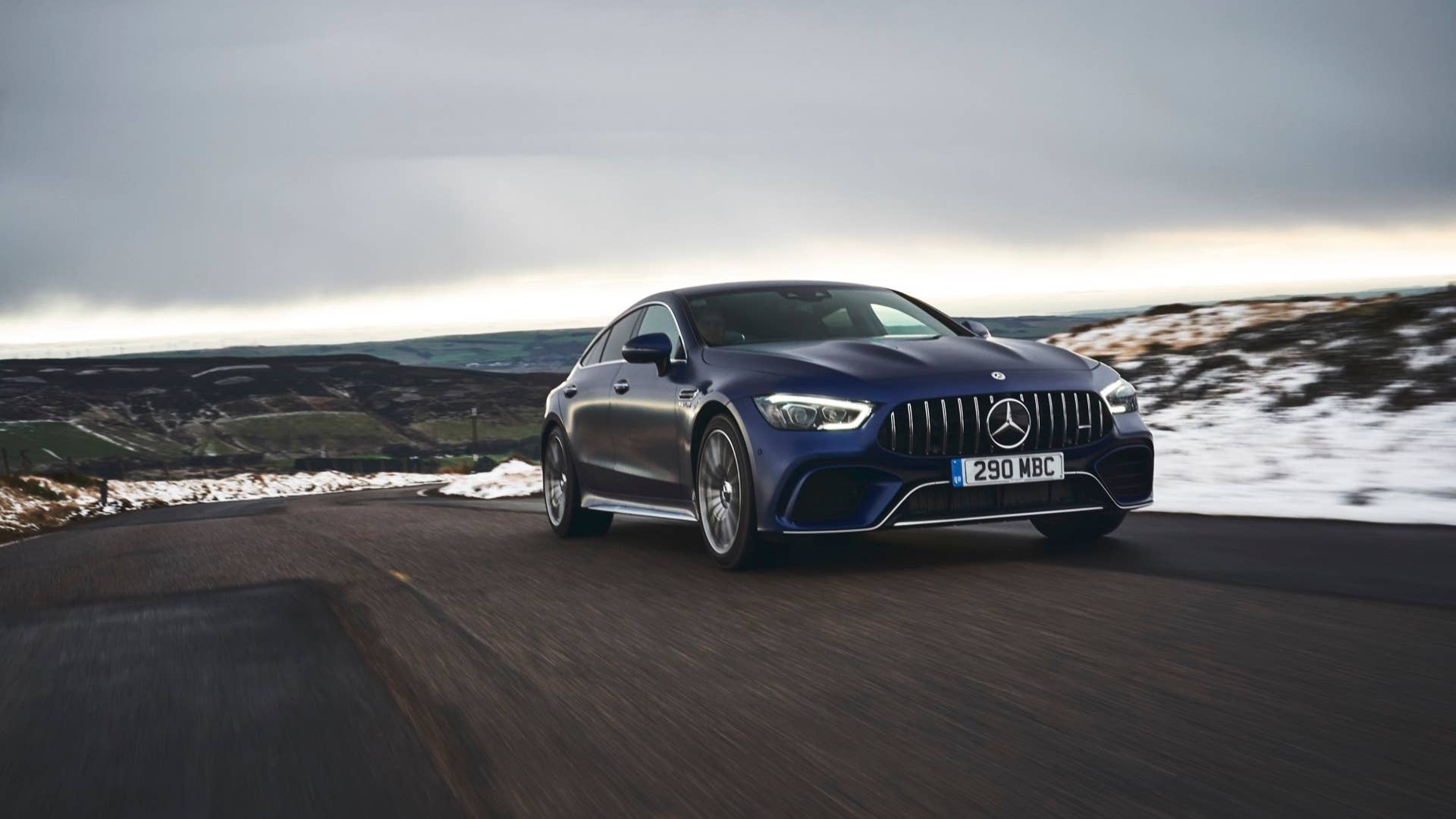 2020 Mercedes-AMG GT 63 S Sedan snow front road blue driving