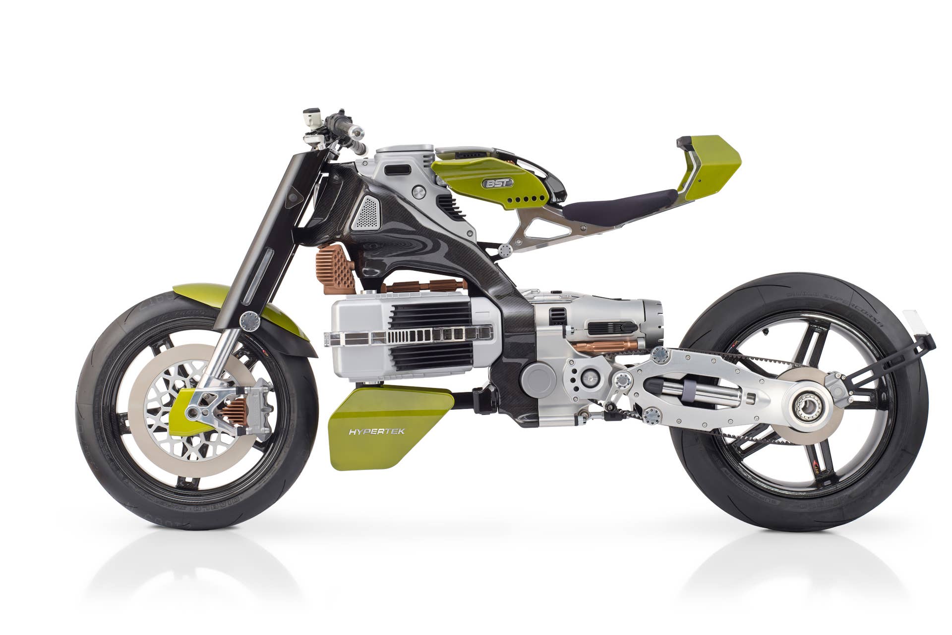 A venture between Blackstone Tek carbon fiber wheels and moto designer Pierre Terblanche, the HyperTek makes science fiction real.