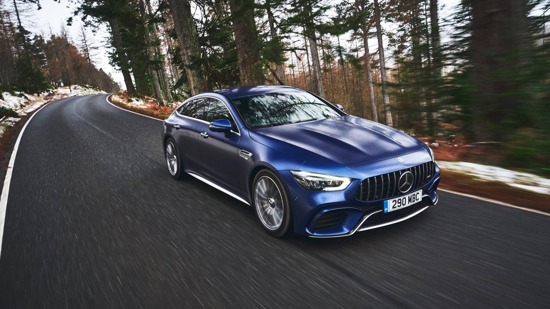 2020 Mercedes-AMG GT 63 S Sedan blue driving sports performance road forest