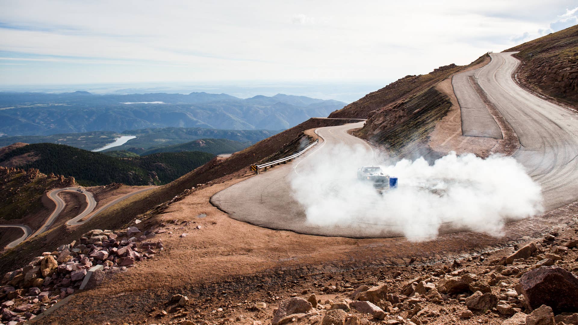 The 1,400 hp figure wasn’t just to make an impressive spec sheet. It was necessary to compensate for the loss of power from the low-denisty air at Pikes Peak's 14,000-foot elevation. In order to hit 1,400, two Garrett GTX3584RS turbochargers were bolted up to the Roush V8, and the Motec M150 ECU was retuned.